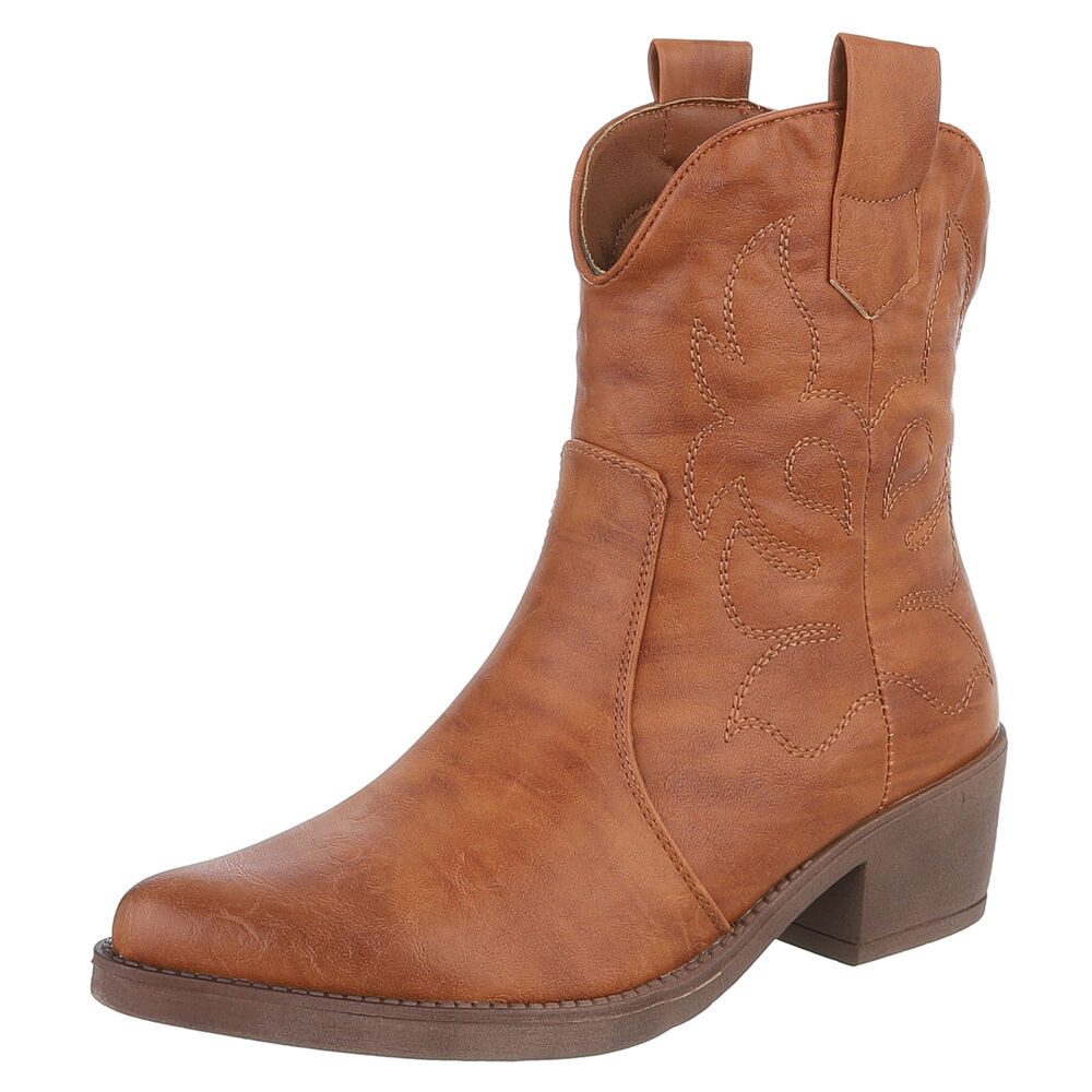 Ital-Design Modische Cowboy-Stiefel mit Verzierungen für Damen Westernstiefelette (89938135) Blockabsatz Stiefeletten in Camel