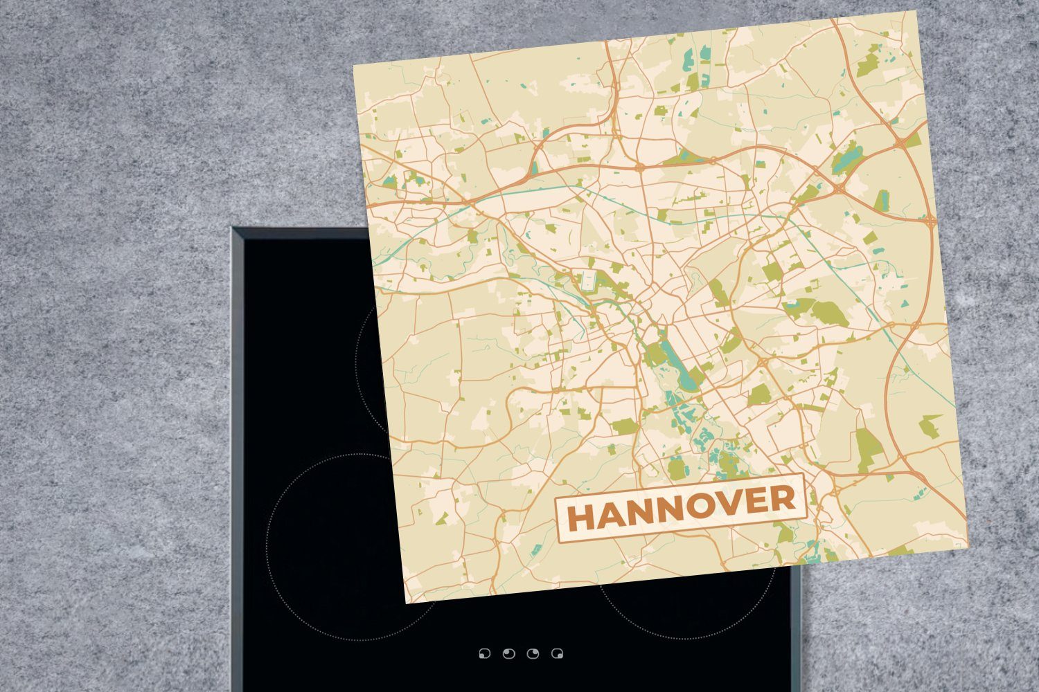 MuchoWow Herdblende-/Abdeckplatte Karte - (1 Vinyl, Ceranfeldabdeckung, Karte küche Hannover Stadtplan, Vintage Arbeitsplatte tlg), für - - 78x78 cm, 