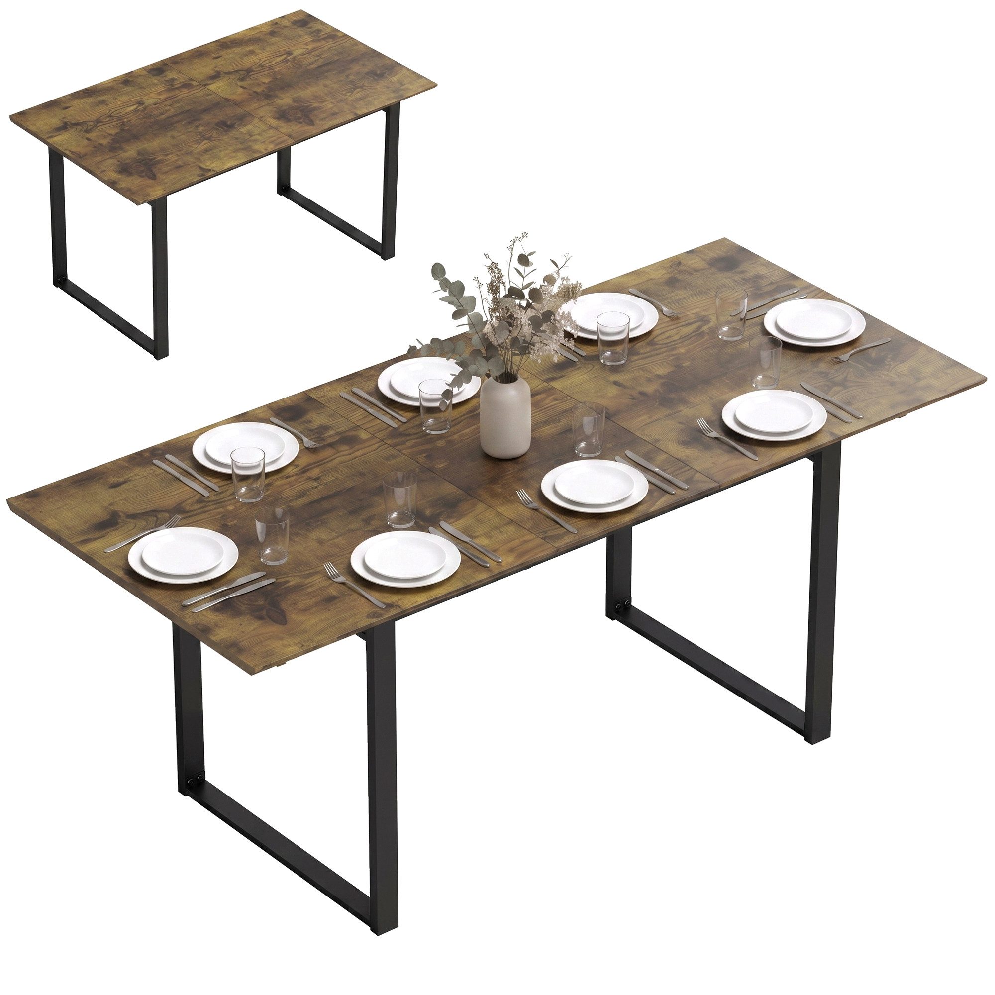 HOMCOM Esstisch ausziehbar Industrial Tisch mit Tischbeine aus Stahl für 6-8 Personen (Esszimmertisch, 1-St., Küchentisch), für Esszimmer, Küche, Rustikal-Braun – Bild 2 von 5
