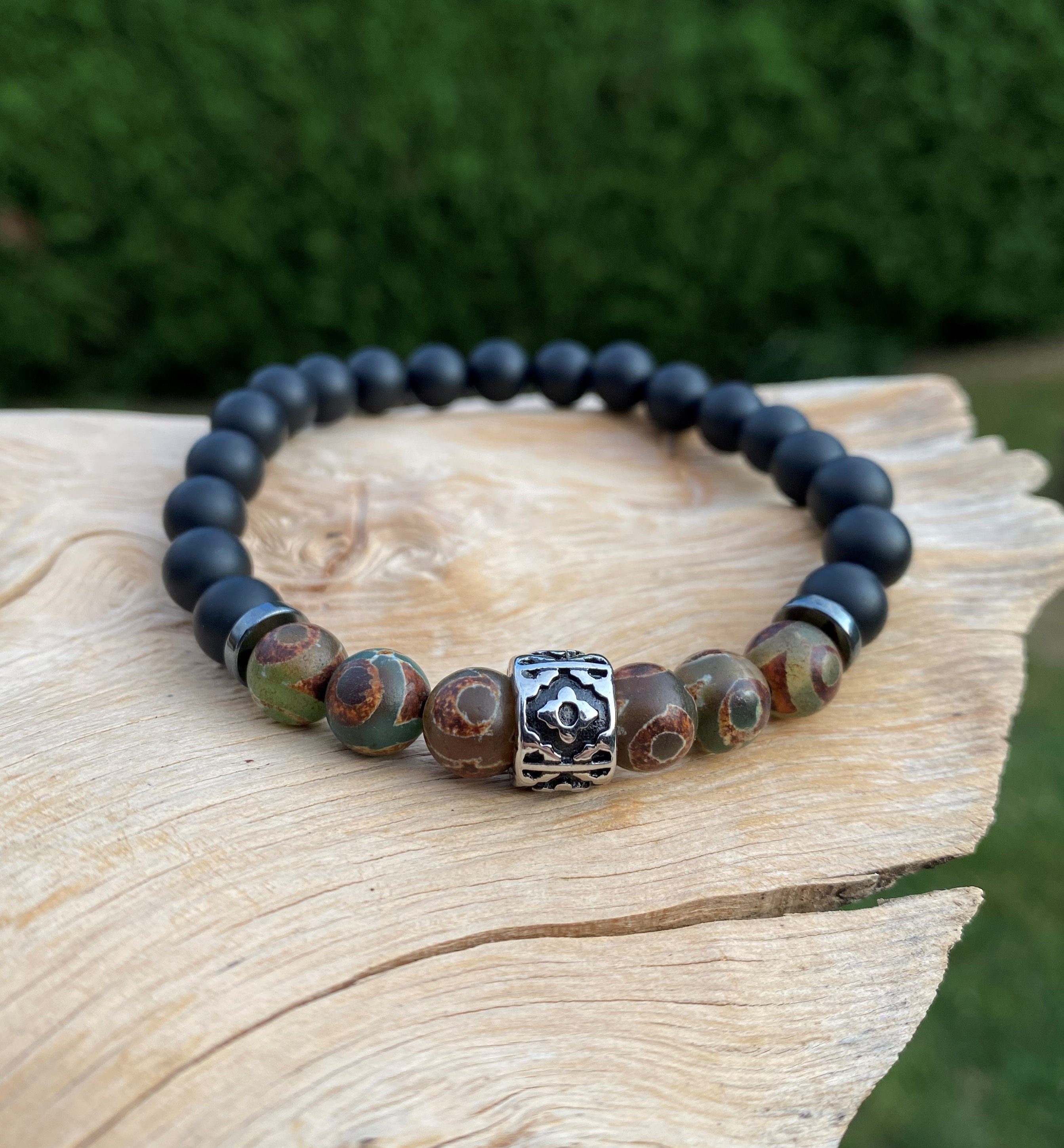 NAHLE Perlenarmband Onyx Tibet Achat Naturstein Armband (inkl. Schmuckbox), elastisches Band