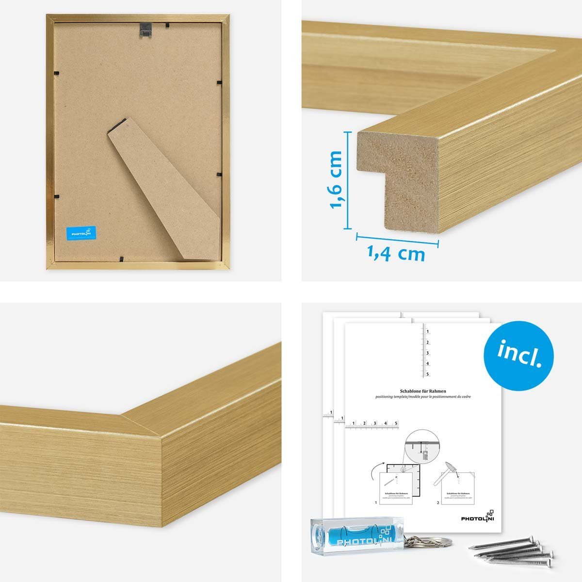 PHOTOLINI Bilderrahmen 4er Set 21x30 cm / DIN A4 Poster-Rahmen, zum Aufhängen & Aufstellen, für 4 Bilder (4er Set), MDF Holz, bruchsicheres Acrylglas & Zubehör, – Bild 3 von 5