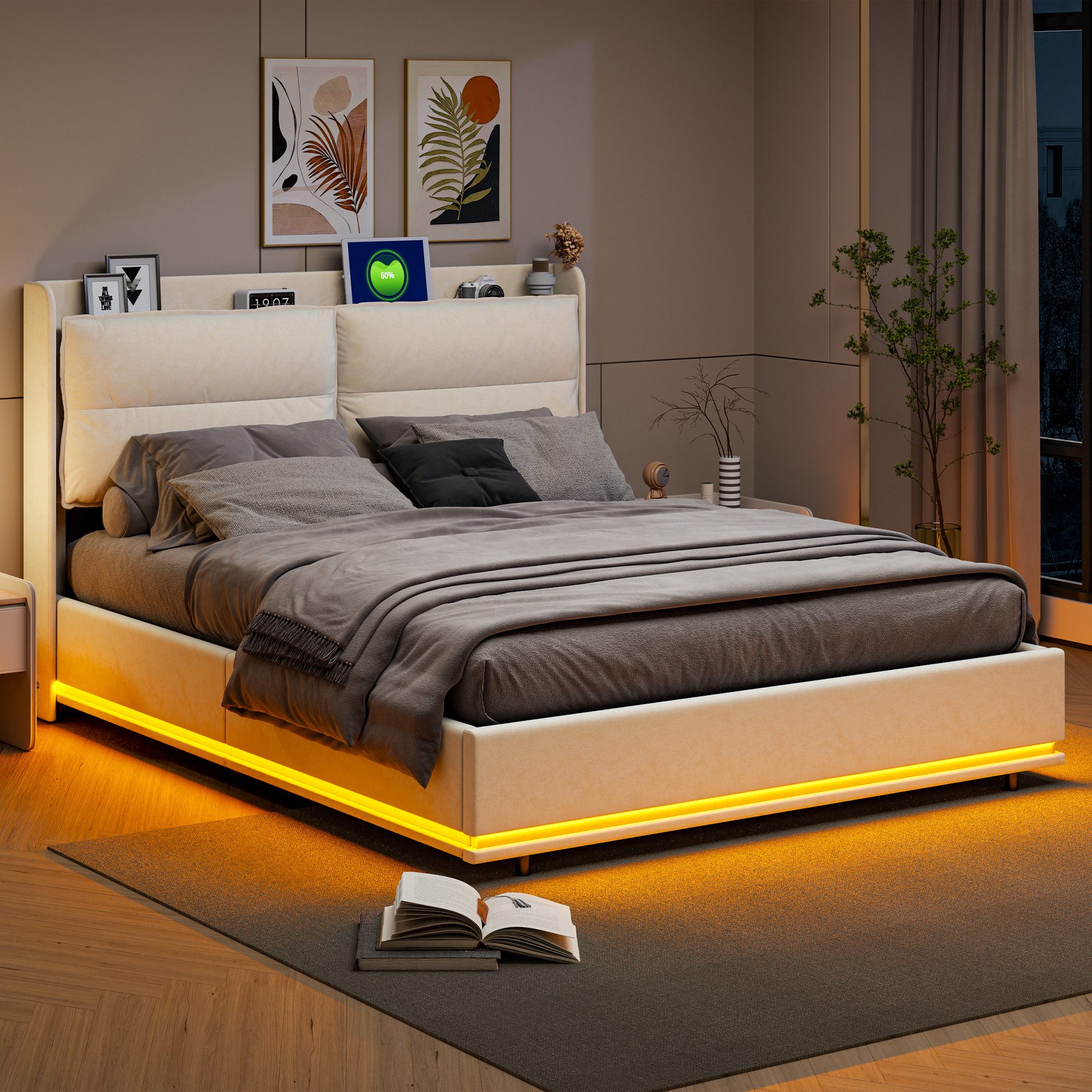 Furnishings Home Polsterbett Stauraumbett Doppelbett mit LED 140x200 cm (Modernes Jugendbett, Leises Design Bett, Max. Belastbarkeit 350 kg), Mit LED-Beleuchtung, Bettkasten, Lattenrost, Samt