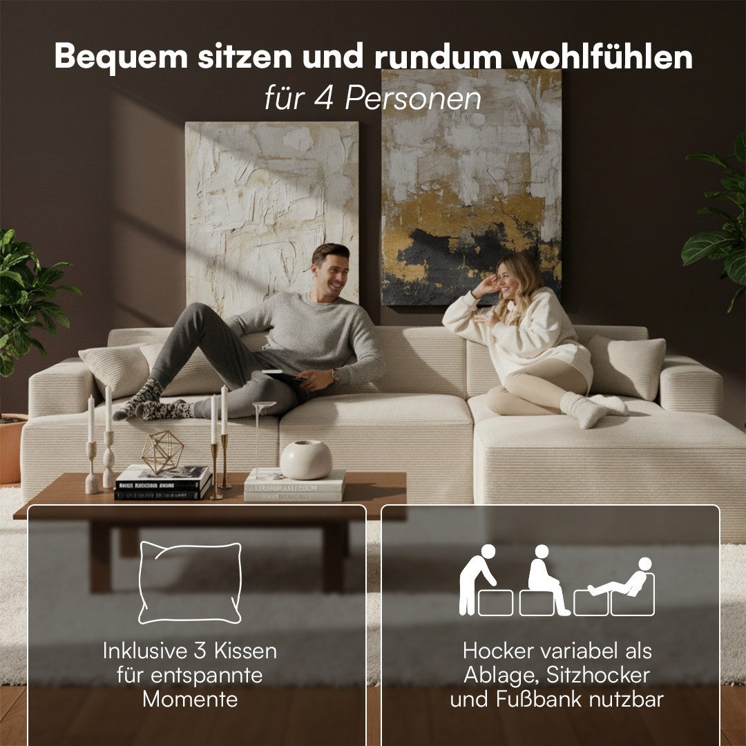 skølm Sofa Freki aus Cord, Vollschaumcouch mit Federkern und Vakuum-Kompression, Beige, Couch 4 Sitzer inkl. Hocker und 3 Kissen, kein Aufbau erforderlich