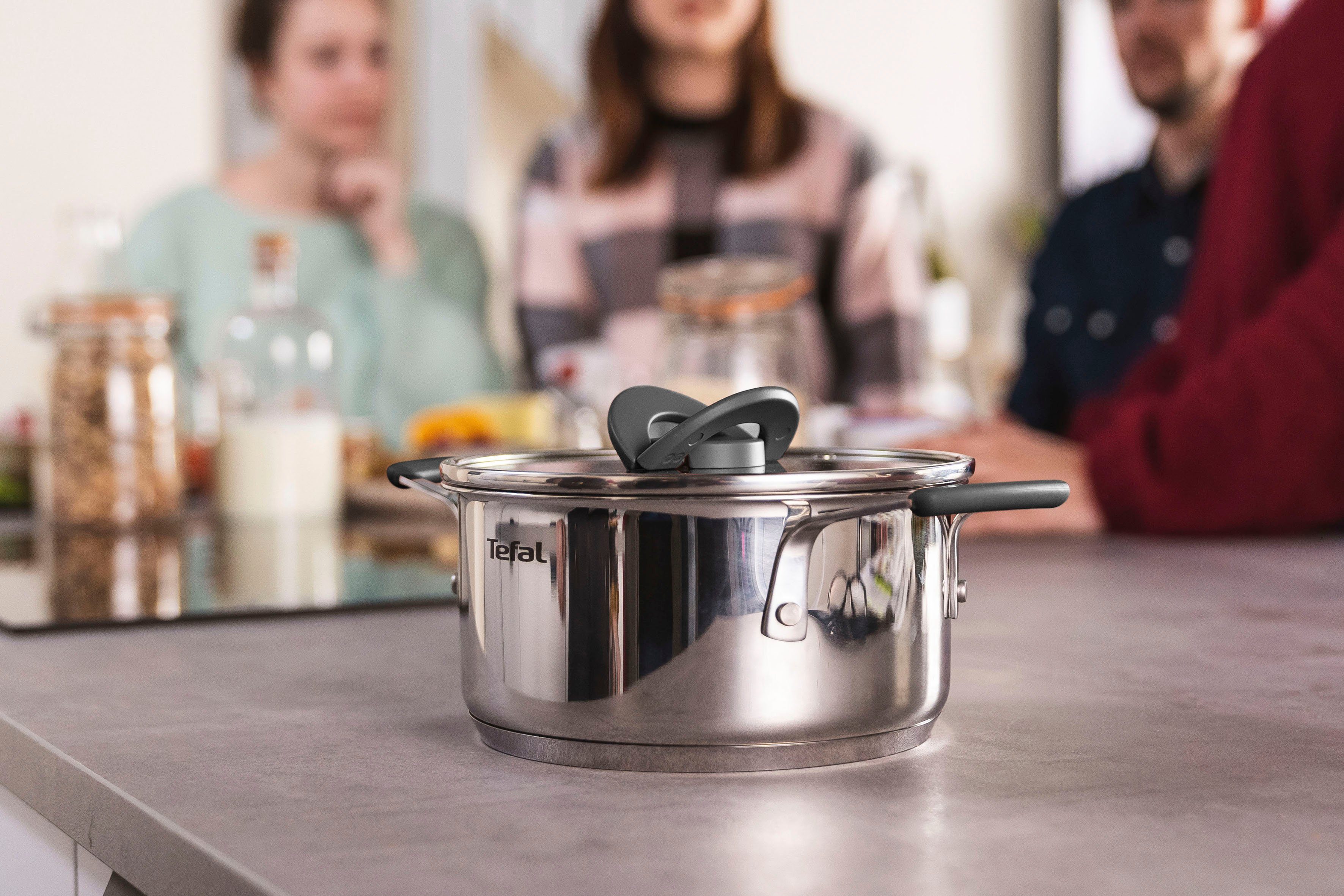 Tefal Topf-Set G7376S Opti'Space, Edelstahl (Set, 6-tlg., Stielkasserolle 16 cm, Kochtopf 20/24 cm, je mit Deckel), Thermo-Fusion-Boden, für alle Herdarten inkl. Induktion