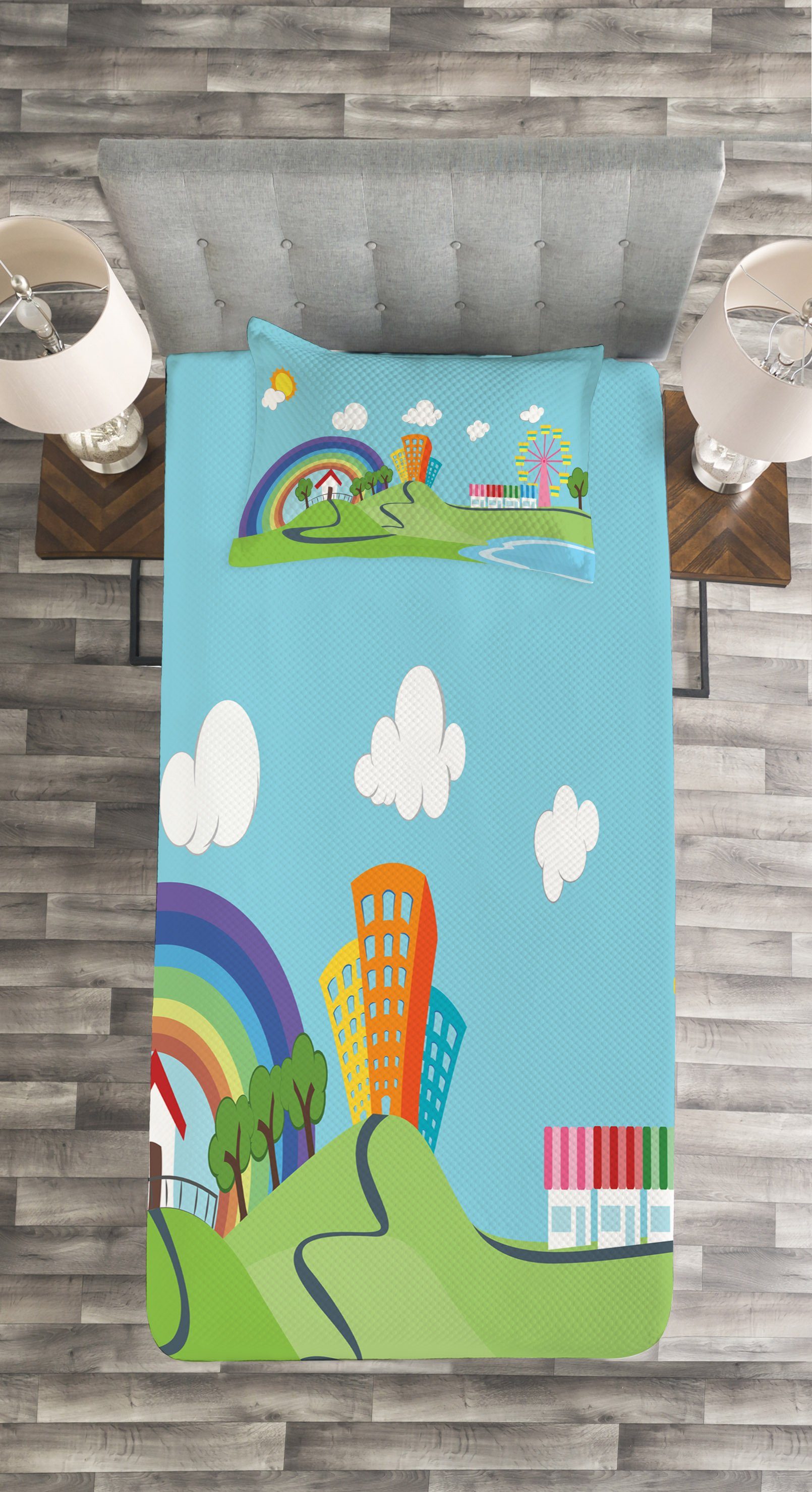 Set Dorf Tagesdecke Waschbar, mit Cartoon Kissenbezügen Riesenrad Abakuhaus,