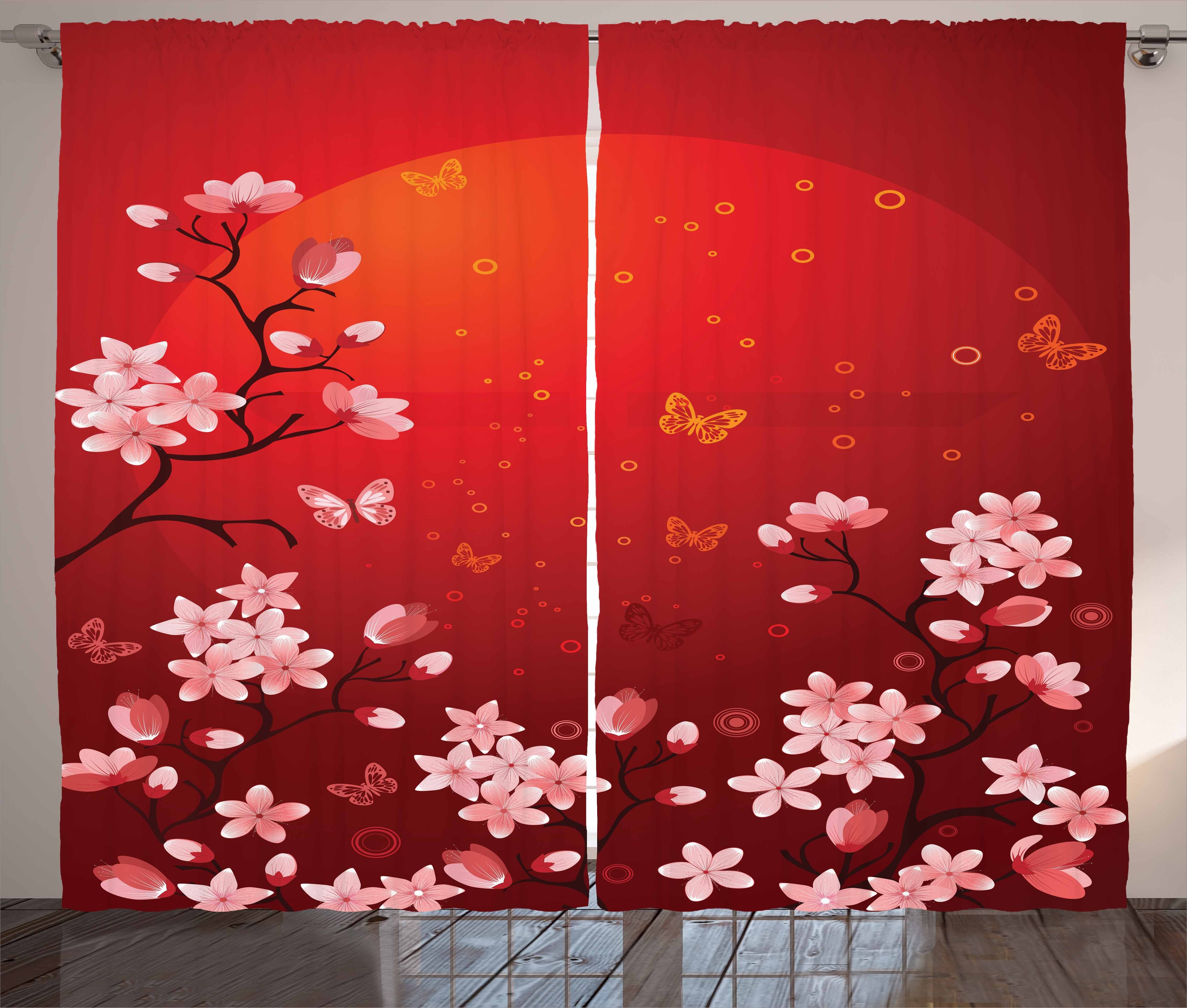 Gardine Schlafzimmer Kräuselband Vorhang mit Schlaufen und Haken, Abakuhaus, rot Abstrakter Sonnenuntergang und Sakura