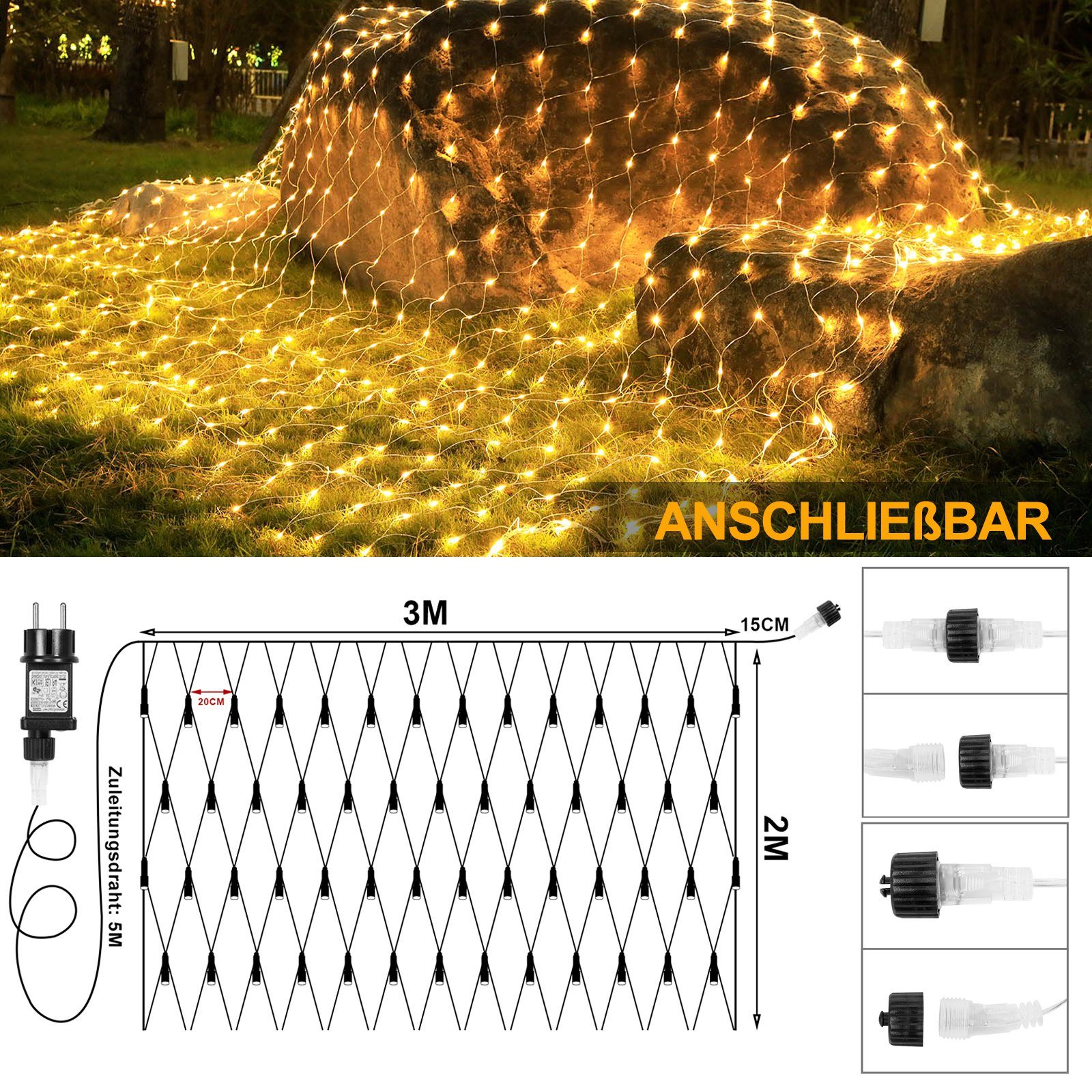 Außen mit LED Ramadan LED-Lichternetz Timer, Lichterkette Deko Netz MUPOO Fernbedienung 200-flammig