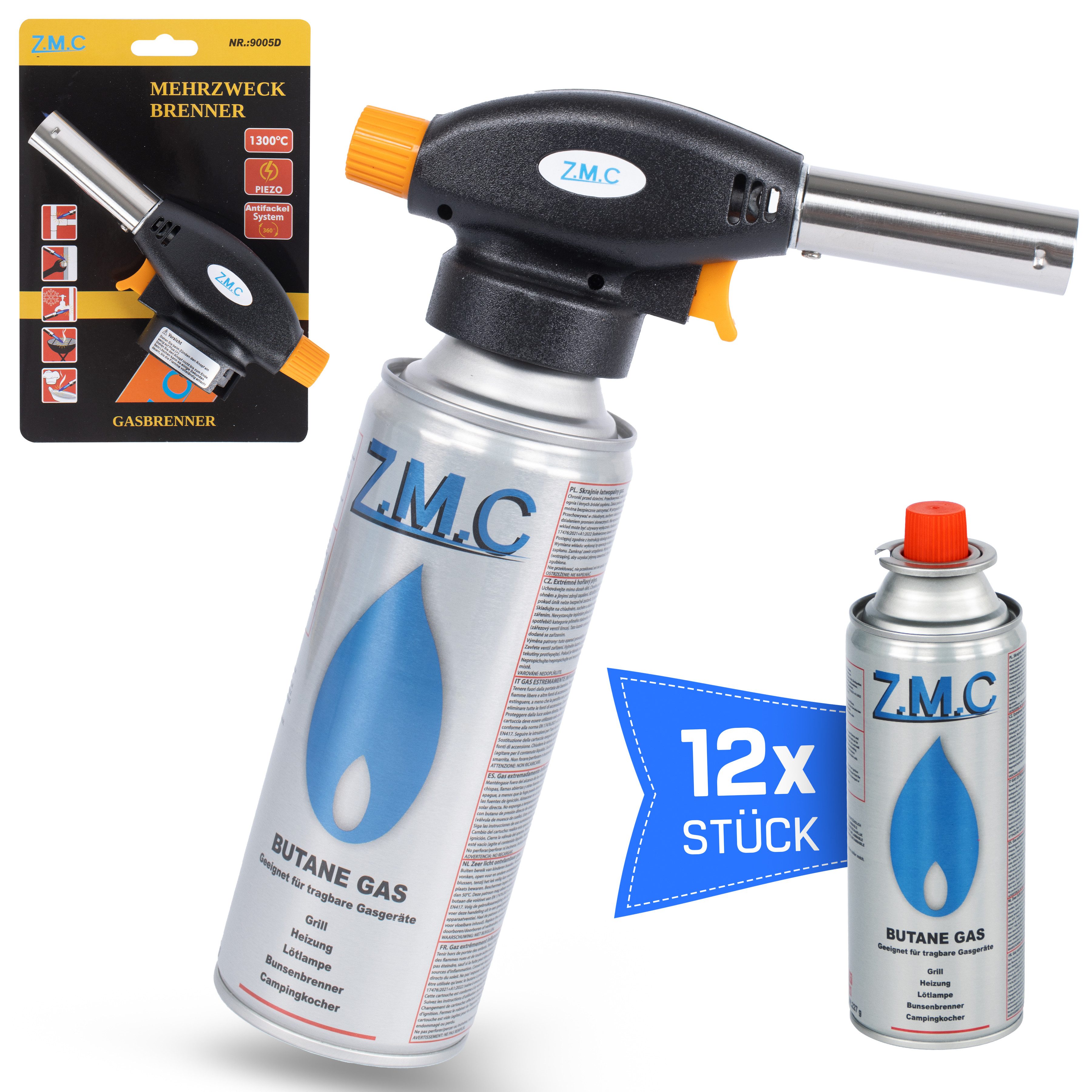 ZMC Flambierbrenner Gasbrenner Küchenbrenner 1,3KW mit Piezozündung, Einstellbare Flamme, (Temperatur von bis zu 1300 ° C Gasanzünder Lötbrenner Bunsenbrenner Kohleanzünder Butangasbrenner, 12-tlg), Brenneraufsatz Flambiergerät Creme Brulee Brenner