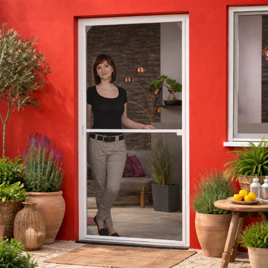 matrasa Insektenschutz-Tür Teleskop Bausatz Premium - ohne Sägen - Fliegengitter für Tür, (Alurahmen in weiß, 100 x 210 cm), inkl. automatischem Türschließer