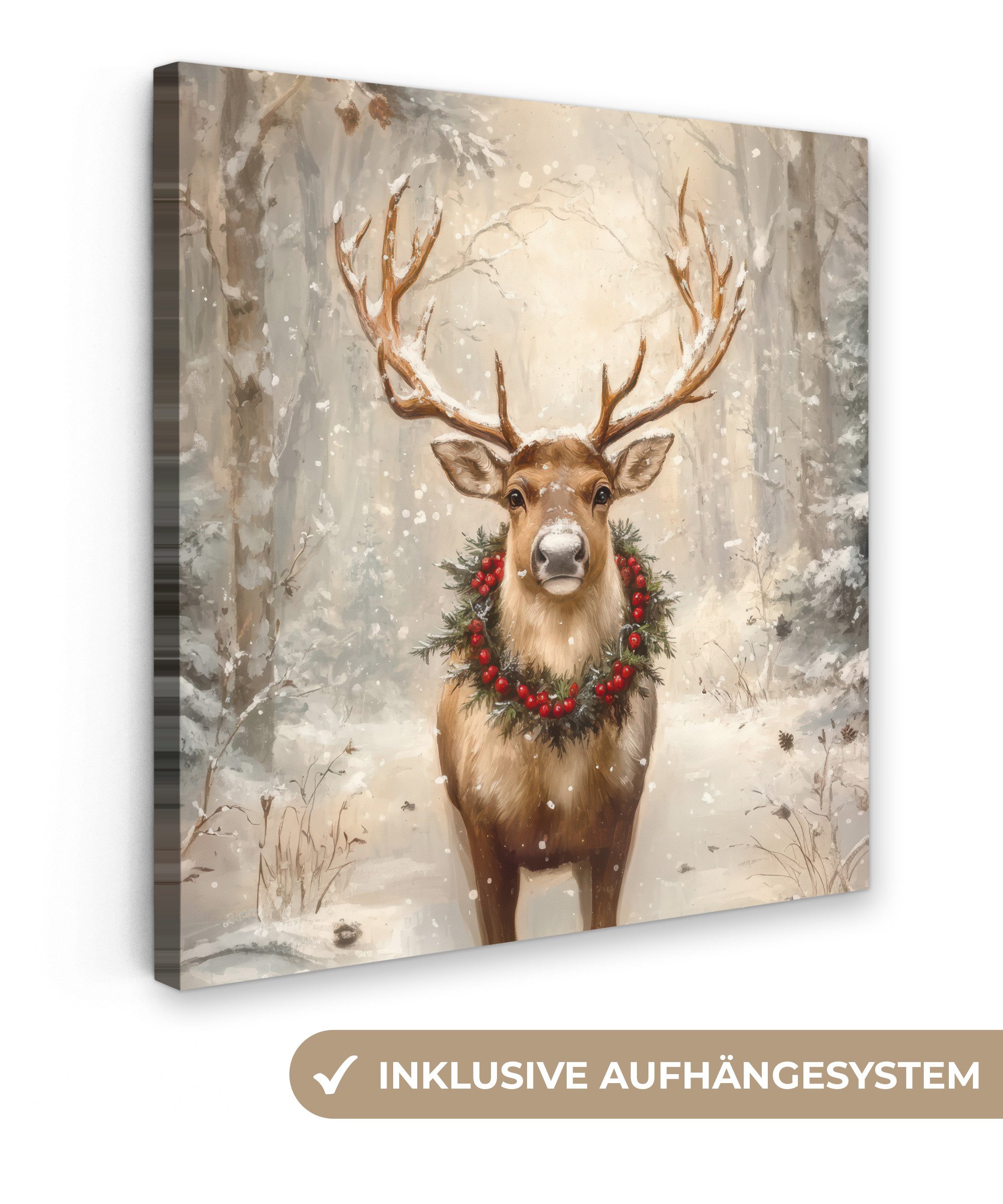 OneMillionCanvasses® Leinwandbild Weihnachten - Rentier - Winter - Kranz, Fotodruck (1 St), Wandbild, Deko Schlafzimmer Wohnzimmer Flur 20x20 cm