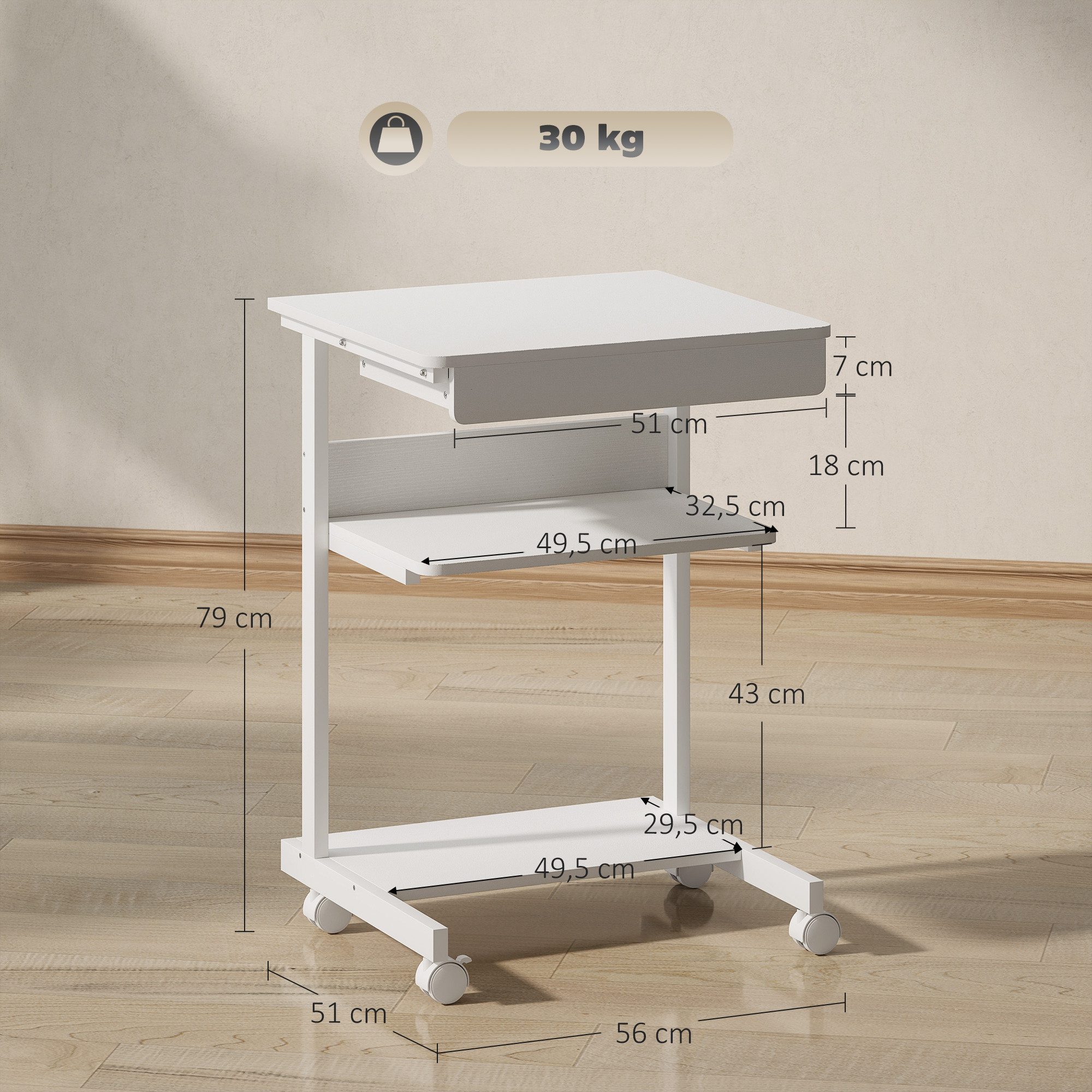 HOMCOM Schreibtisch Schreibtisch (Bürotisch, 1-St., Schreibtisch), Mit Rollen und Stauraum, Kompakt
