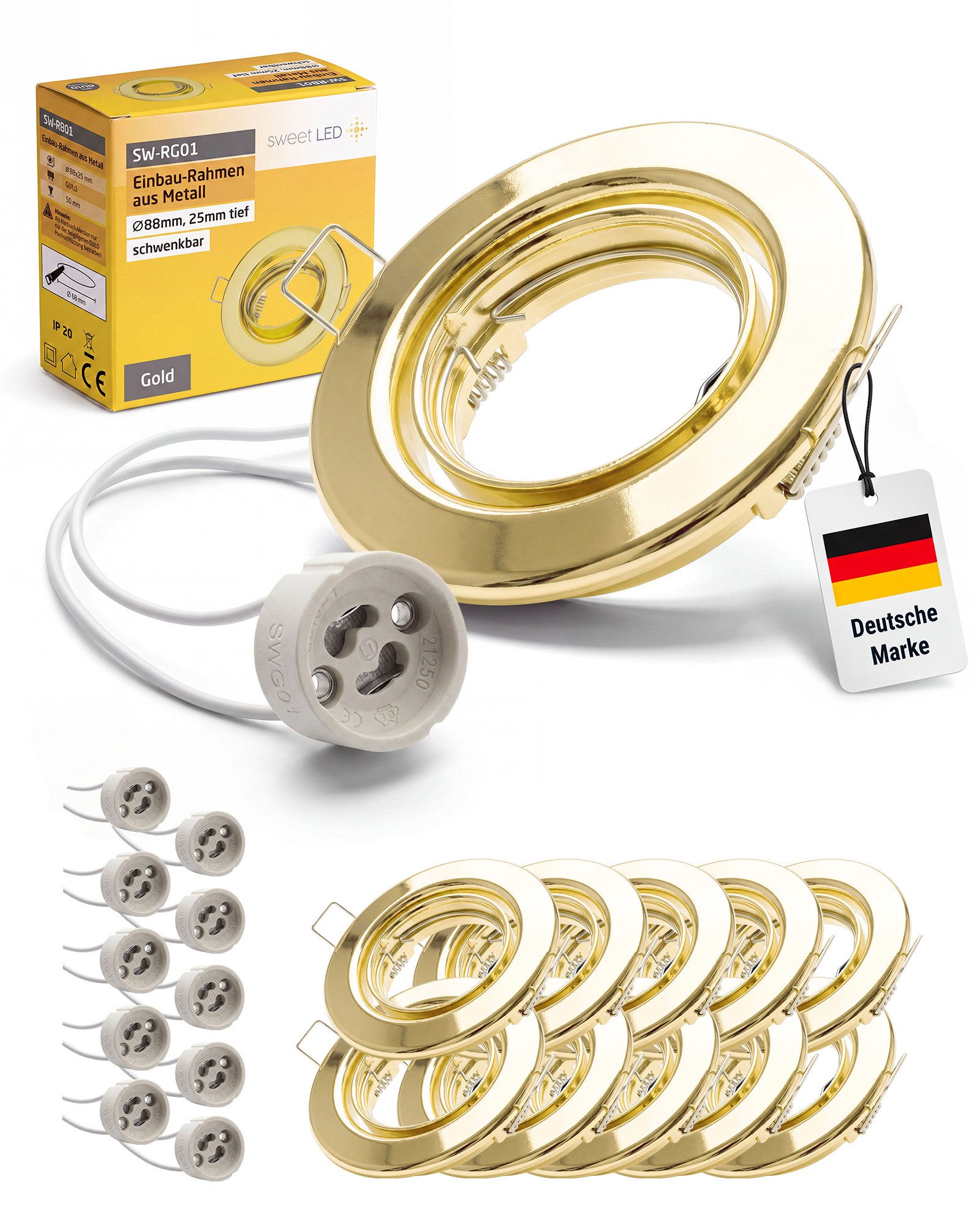 Sweet LED Deckenspot 10er Set GU10 230V Gold Einbauspots Flach Schwenkbar Rund Ø68mm IP20, ohne Leuchtmittel, Einbauspots, Deckenspots, Einbaustrahler, Deckenlampe