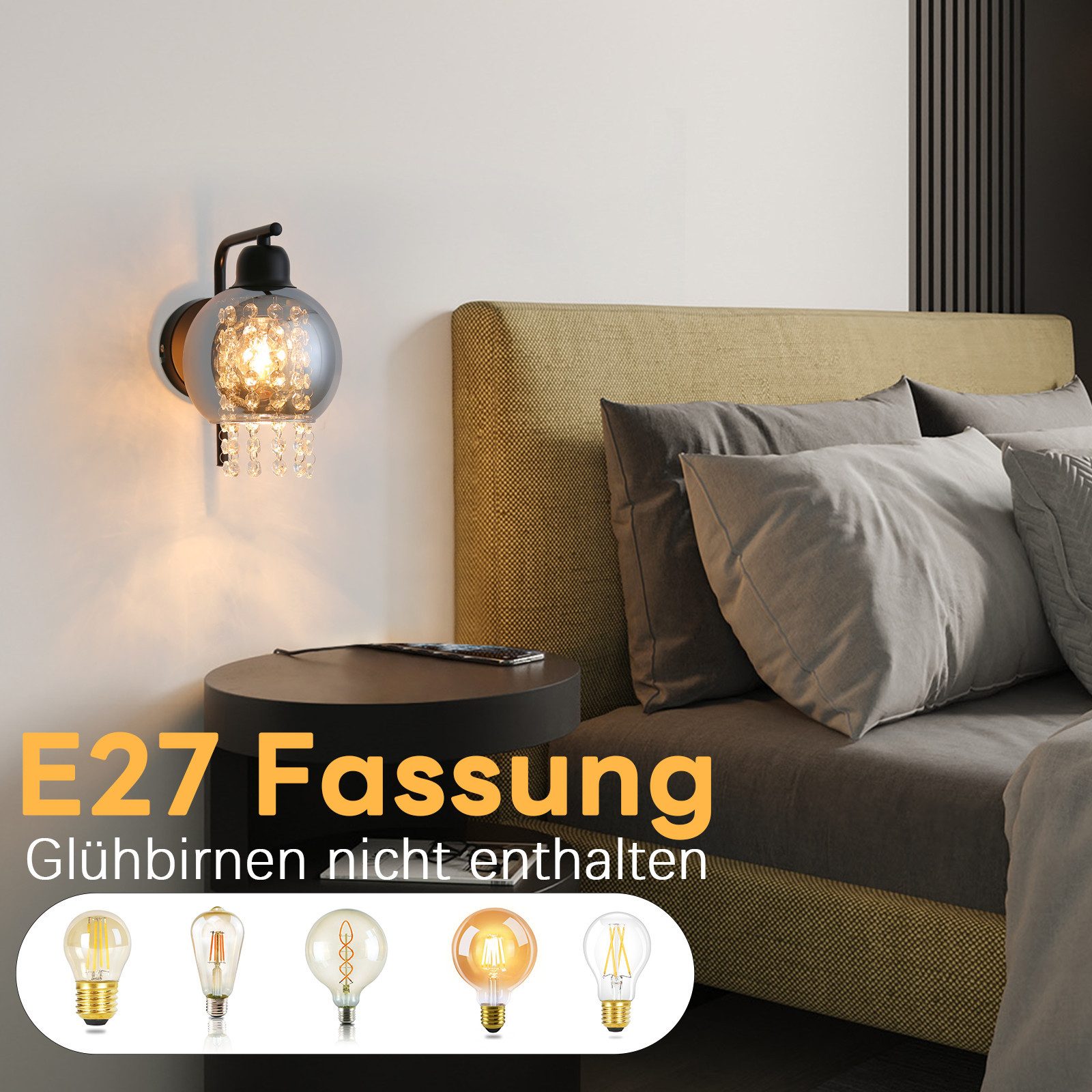 ZMH Wandleuchte Innen E27 Rauchgrau Glas Design Wandlampe Kristall Bett Treppenhaus, ohne Leuchtmittel, Modern 1 Flammig Bettlampe Flexible Beleuchtungsmöglichk – Bild 3 von 5