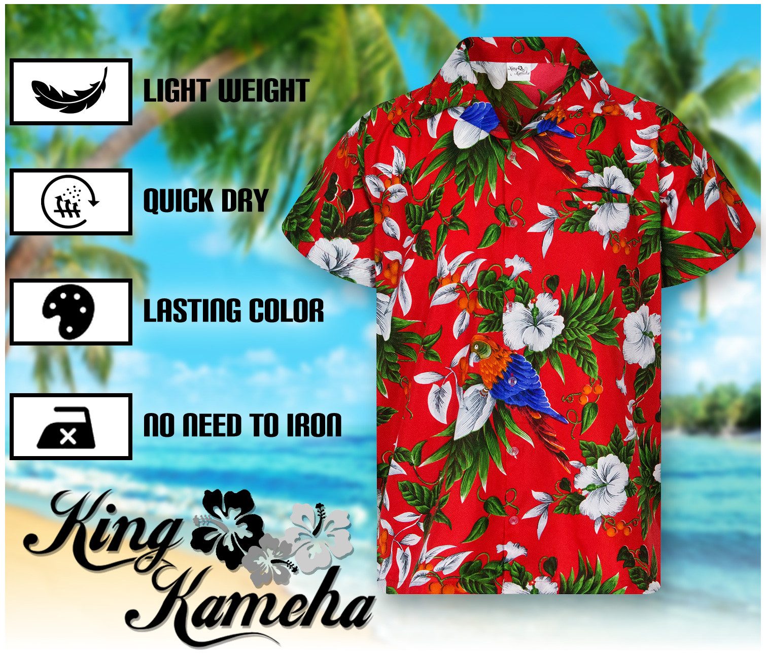 King Kameha Hawaiihemd Cherry Parrot Funky Hawaii-Hemd Herren Kurzarm Front-Tasche Stylish