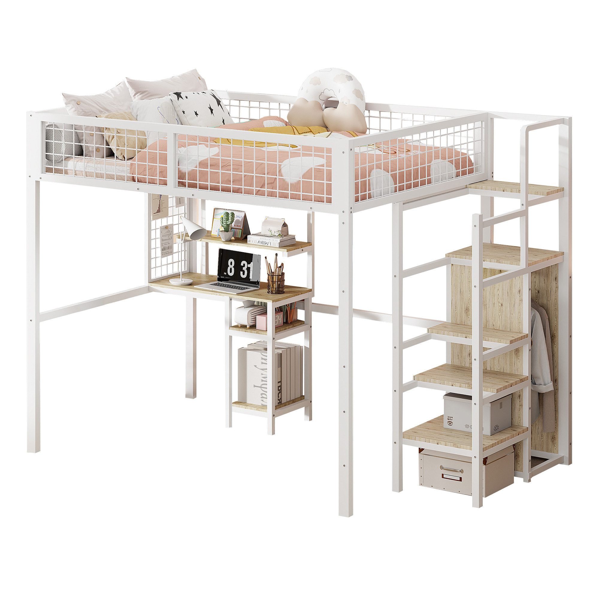 Flieks Hochbett Kinderbett 140x200cm mit Tisch/Regal/Kleiderschrank günstig online kaufen
