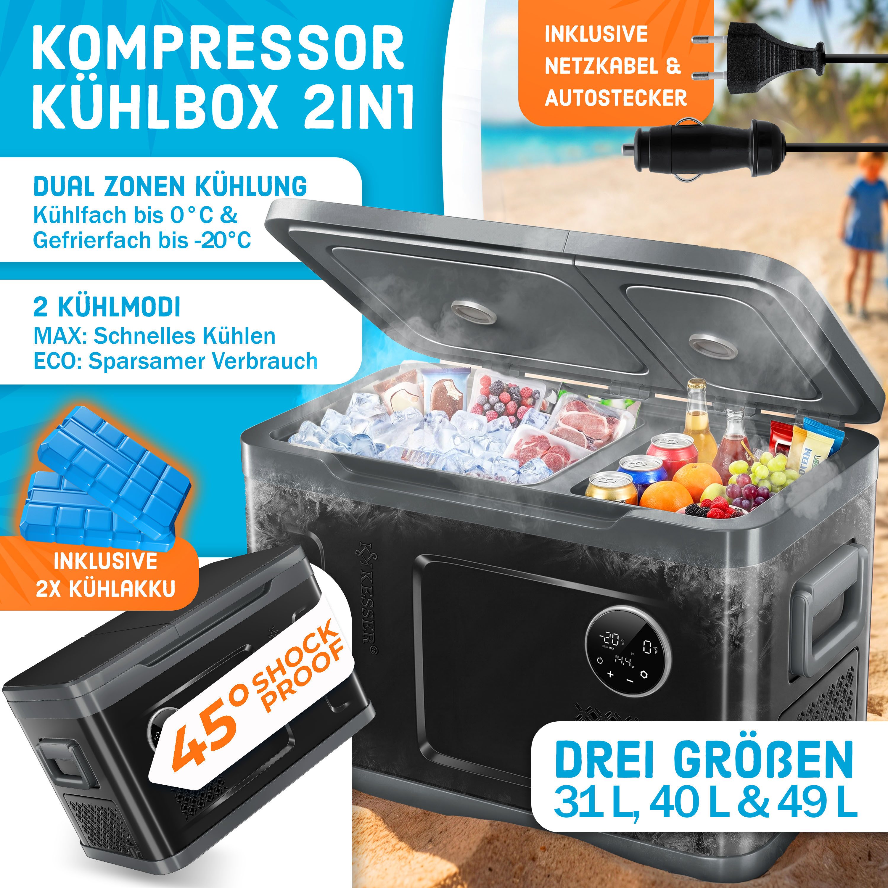 KESSER Kühlbox Kompressor 2in1 Doppelzone Kühl & Gefrierfach elektrische Gefrierbox, 40 l, mit 2x Kühlakkus & LED-Touch-Bedienung Kühlschrank bis -20 °C