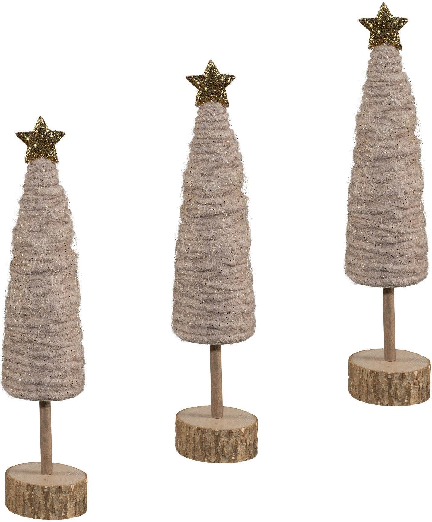 Creativ deco Dekobaum Weihnachtsdeko (Set, 3 St), aus Holz und Wolle, Höhe je ca. 25 cm braun