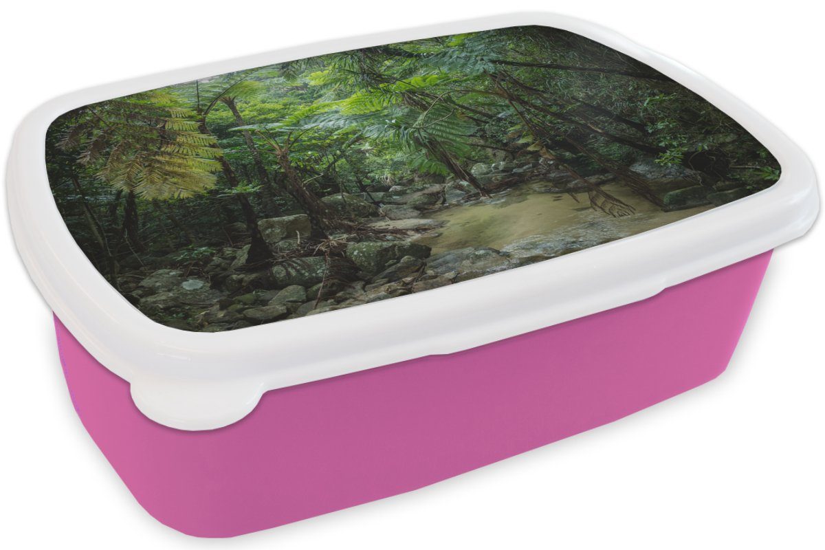 MuchoWow Lunchbox Fluss im tropischen Snackbox, Erwachsene, Kinder, Brotbox rosa Mädchen, für Brotdose Kunststoff, Dschungel, (2-tlg), Kunststoff