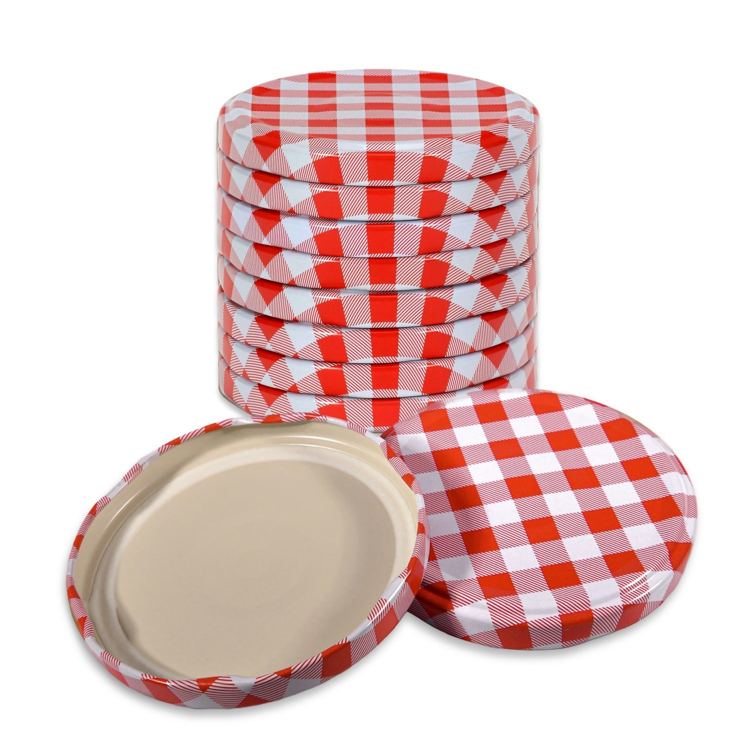 Oputec Einmachglas 10x Schraubdeckel TO 82 rot-weiß – Twist Off Ersatz für Einmachgläser, Metall