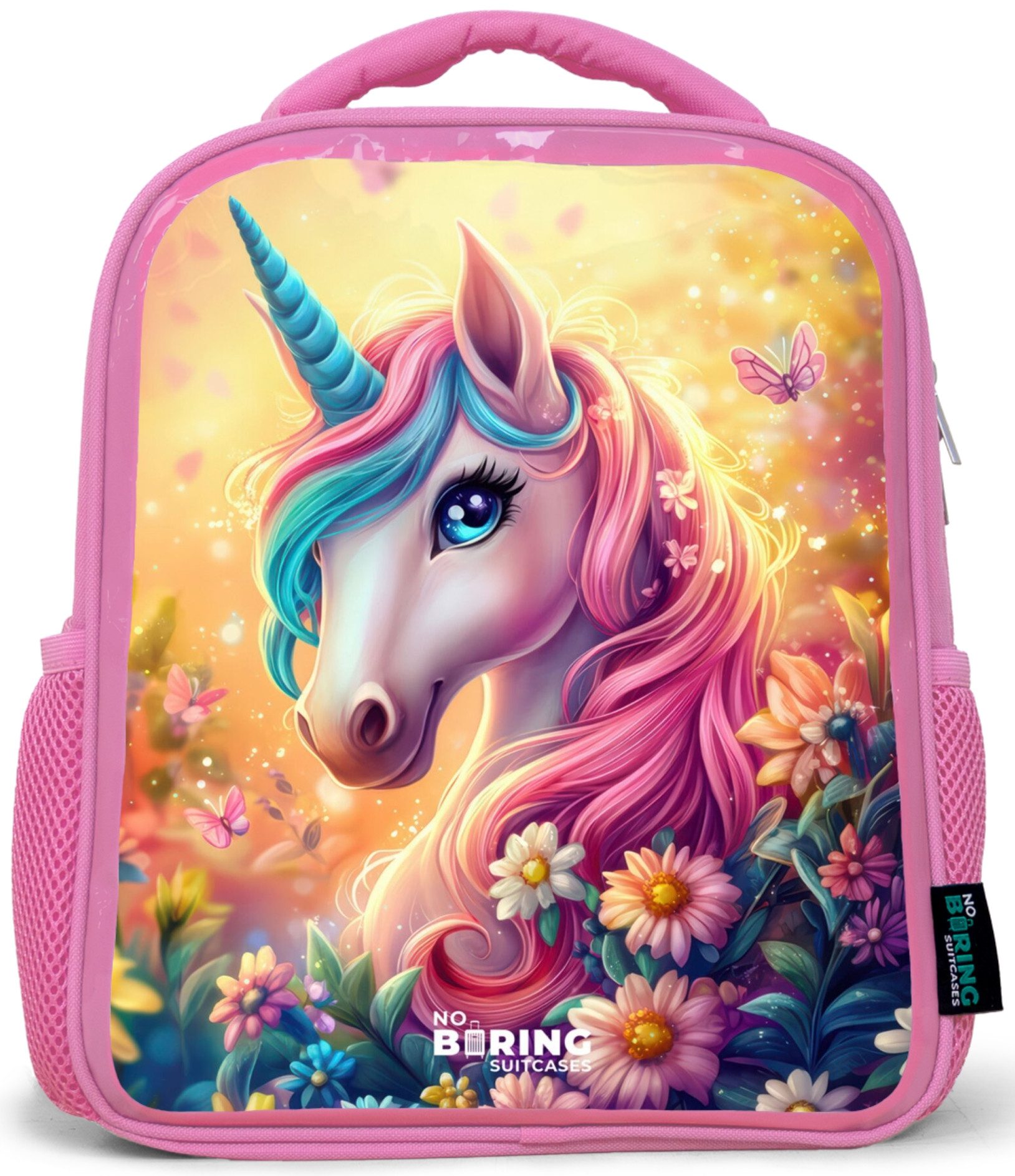 NoBoringSuitcases.com© Rucksack Rosa - Einhorn mit bunten Blumen, Kinderrucksack, Schulrucksack, Freizeitrucksack, Mädchen, Kindergarten