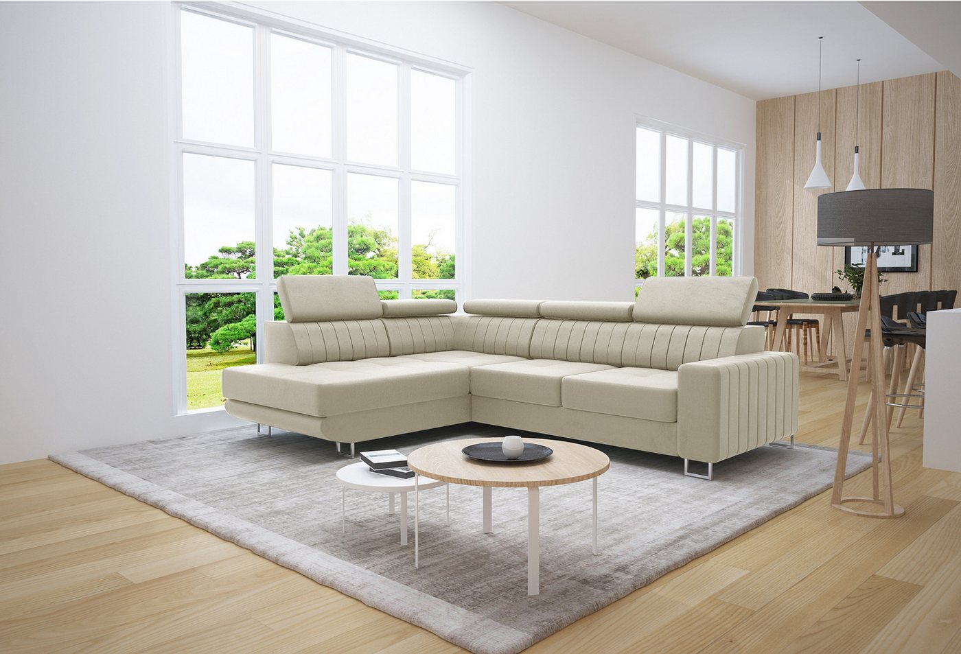thematys Ecksofa POLA mit Schlaffunktion und Bettkasten, L-Form, Samt, - mit verstellbaren Kopfstützen, – L-Form 250×183 cm – Schlafsofa mit Auszug