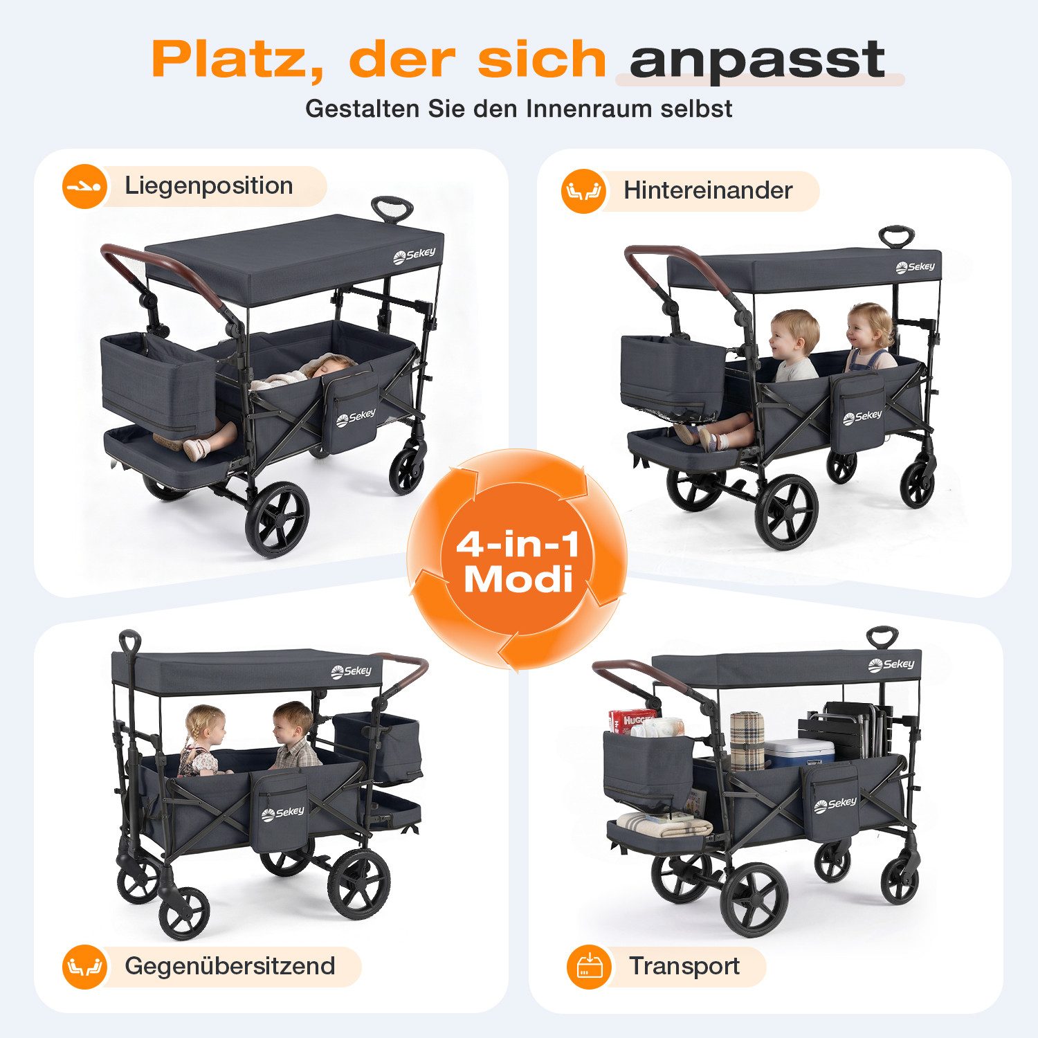 Sekey Bollerwagen Faltbar mit Dach, Kinder Bollerwagen mit XXL-Rädern (24/20 cm), Komfort für 1–2 Kinder – Federung, Kugellager & Zieh-/Schiebgriff