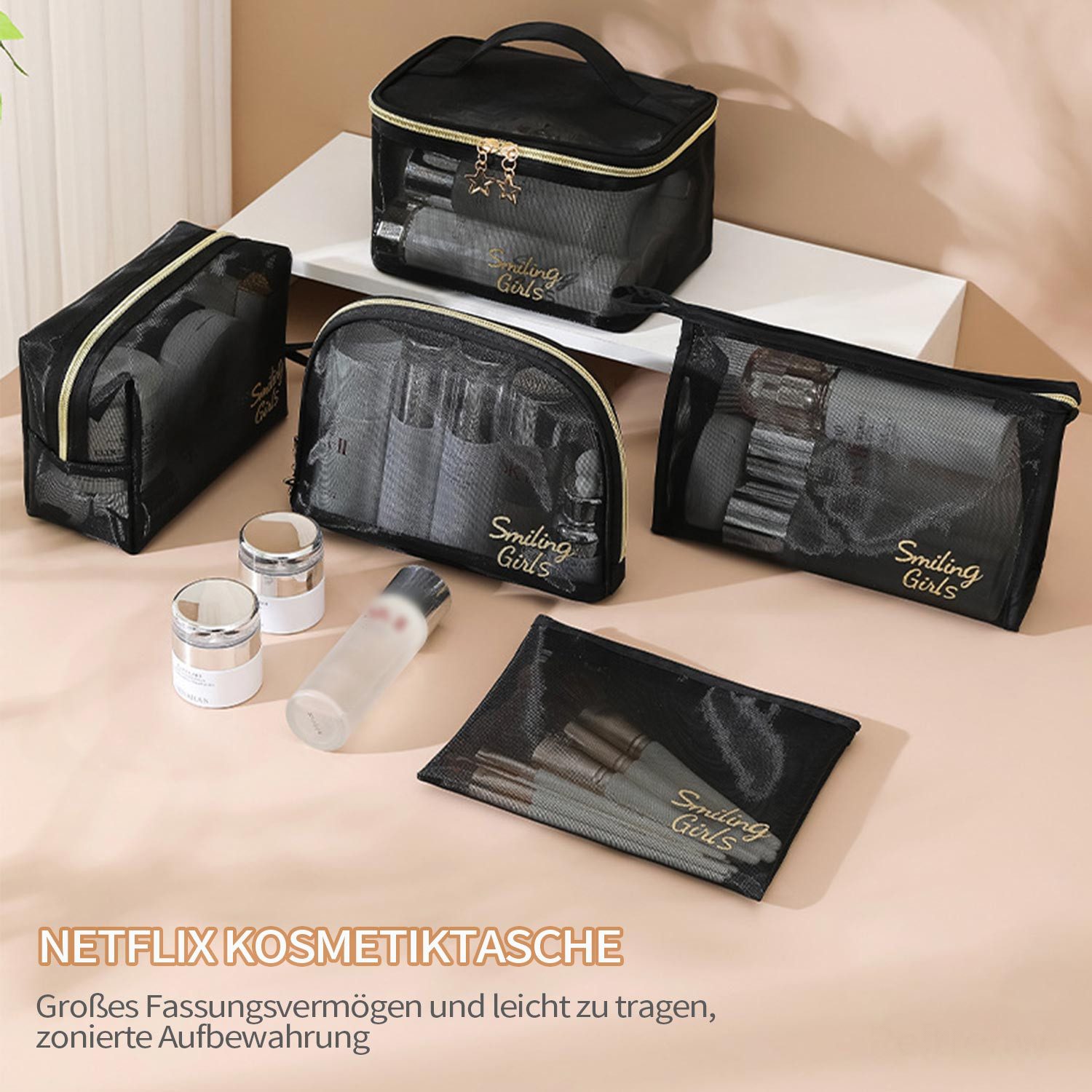 Refttenw Kosmetiktasche Reise-Kosmetik-Aufbewahrungstaschen-Set,Kosmetiktasche,Hohe Kapazität (5-tlg), transparent