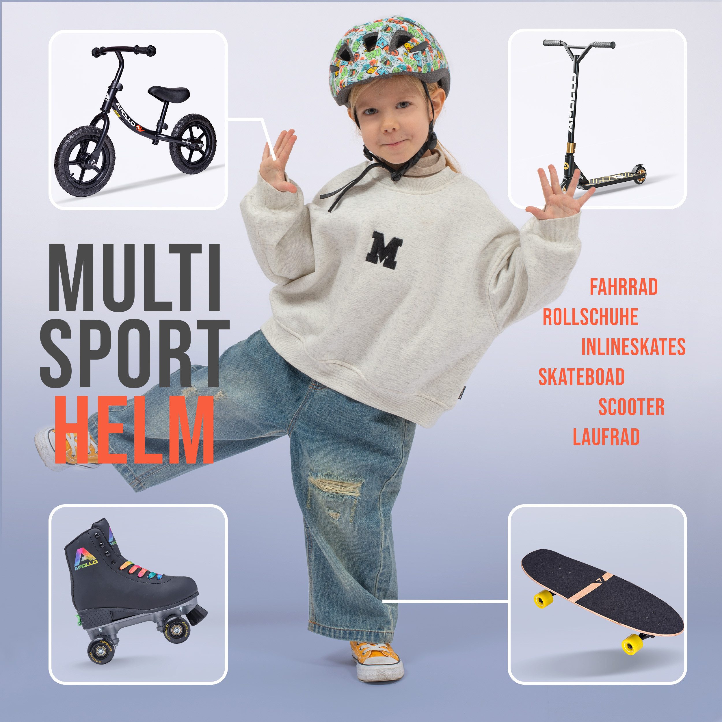 Apollo Inlineskates Fahrradhelm, Kinder & Jugendliche, Multisport-Helm, verstellbar, ab 3 Jahren