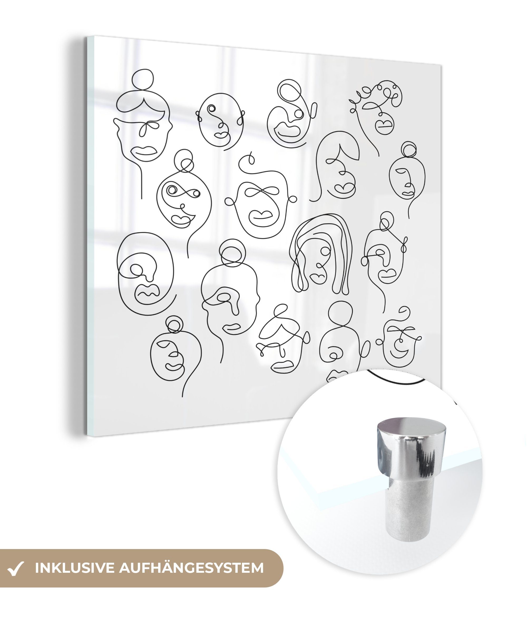 MuchoWow Acrylglasbild Einzeilige Illustration von Gesichtern, (1 St), Glasbilder - Bilder auf Glas Wandbild - Foto auf Glas - Wanddekoration