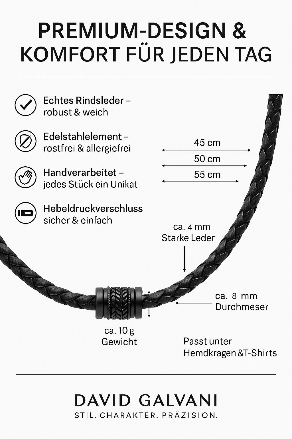 David Galvani Kette mit Anhänger Herren Lederkette Schwarz mit Edelstahl Beads, Geflochtenes Lederband, robuster Hebeldruckverschluss, Edelstahl-Beads
