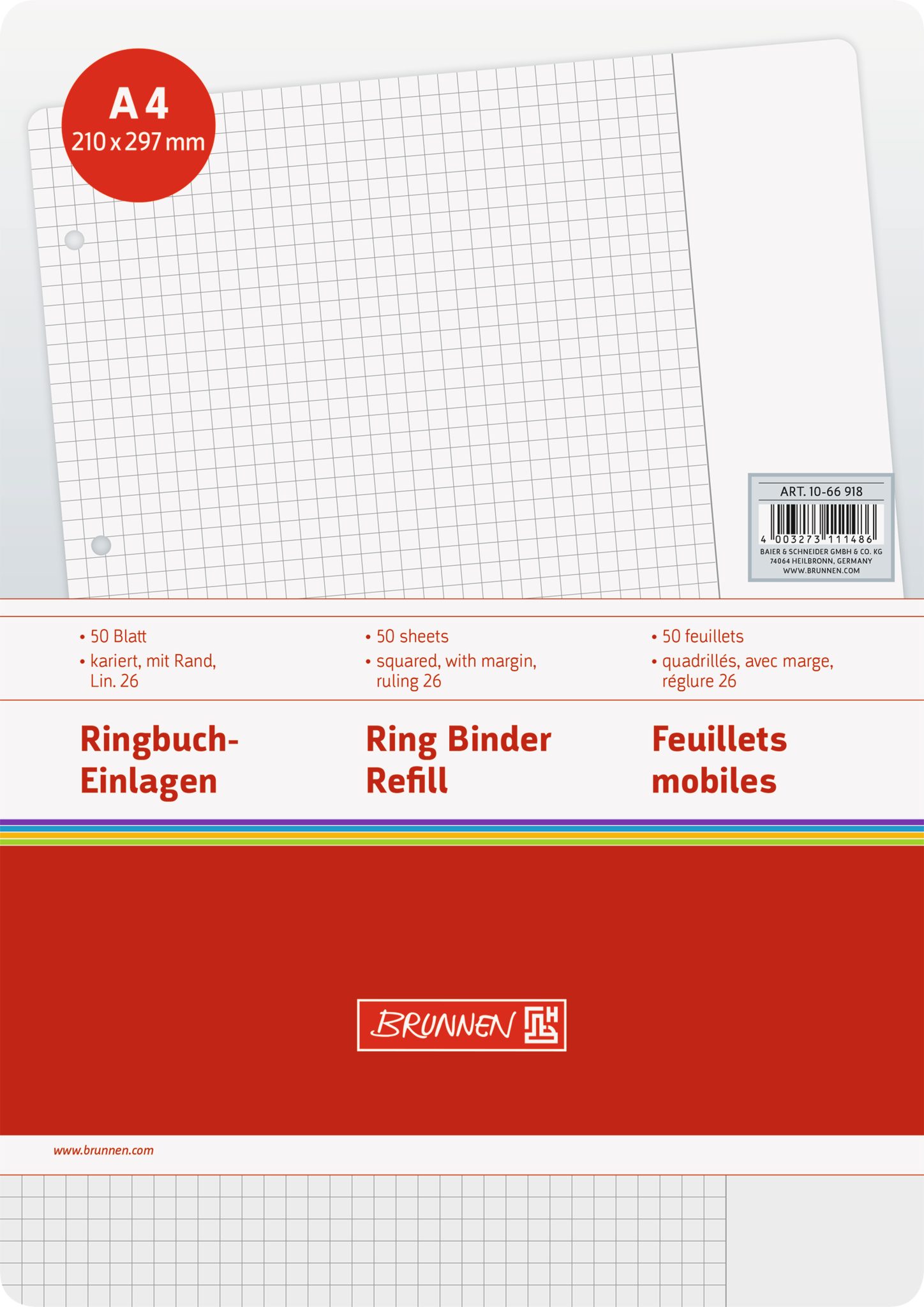 BRUNNEN Ringbuchmappe BRUNNEN 1066918 Ringbucheinlagen A4 5 mm kariert, mit Rand, Lin. 26