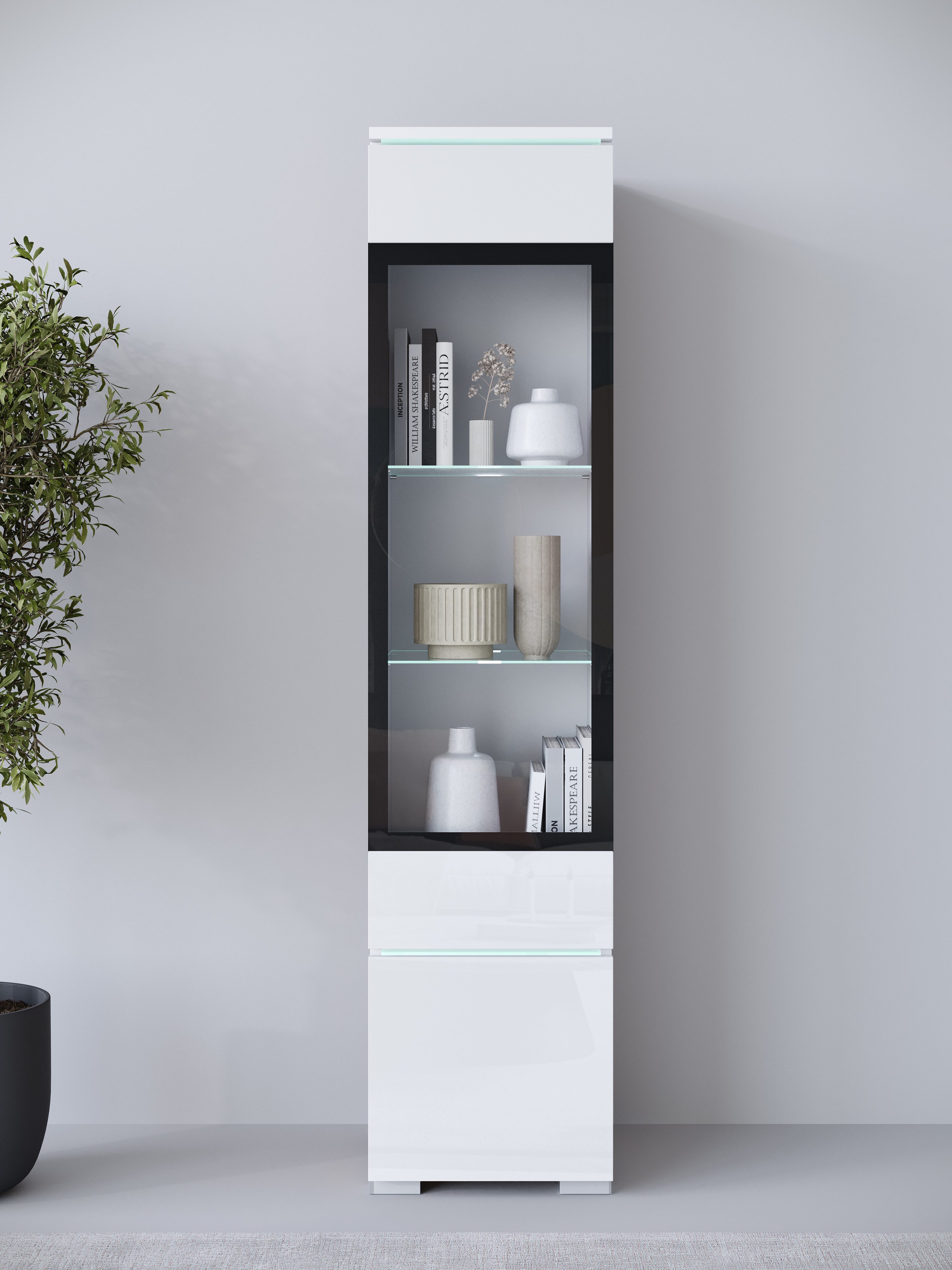 Home affaire Vitrine Vera, Glasvitrine, Höhe 130 cm, in verschiedenen Farbausführungen (1-St) LED-Beleuchtung, Türanschlag frei wählbar, stehend/hängend