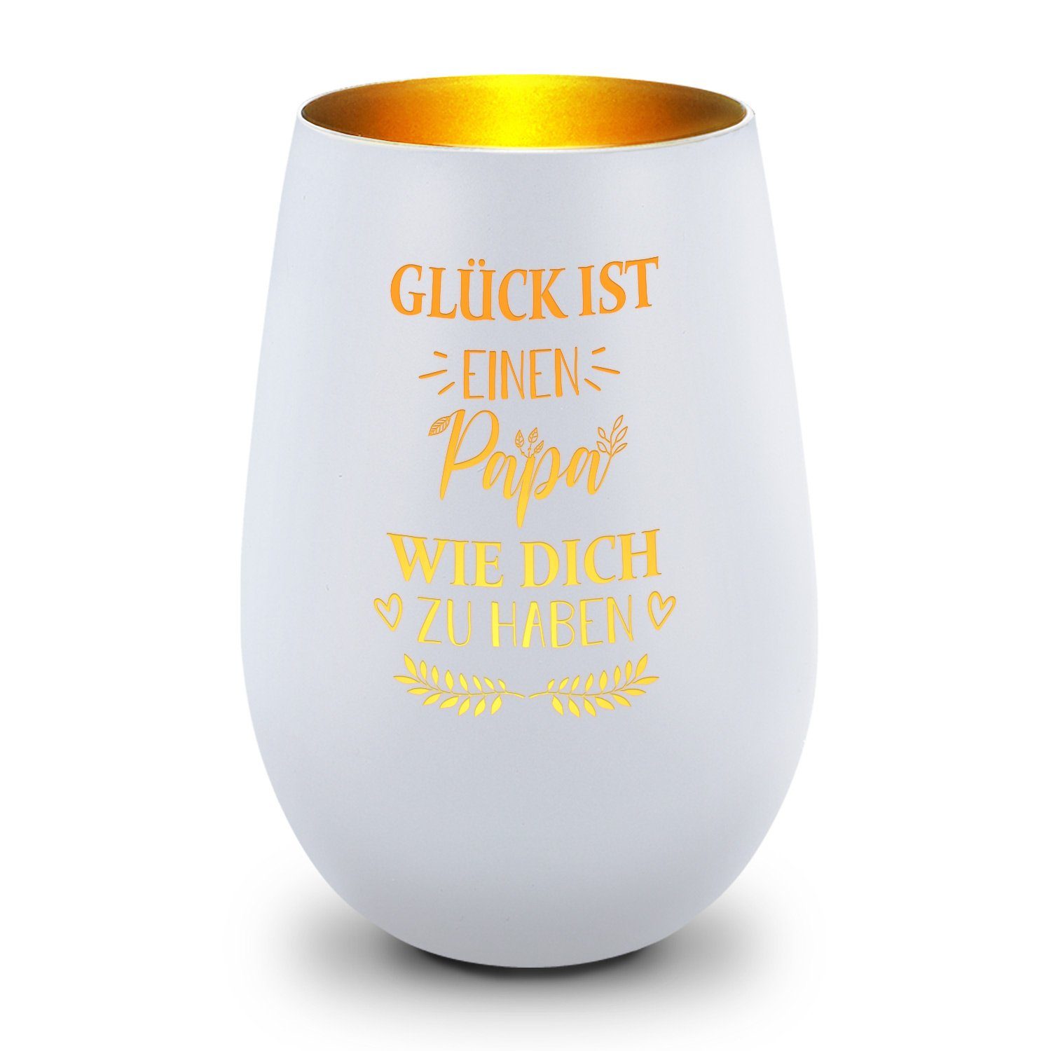 GRAVURZEILE Windlicht aus Glas mit Gravur - Glück ist einen Papa wie Dich zu haben - Deko (Weiß/Gold), Geschenke für Frauen und Männer zum Geburtstag und weitere Anlässe