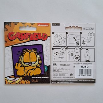 Garfield Aufnäher Bügelbild, Aufbügler, Applikationen, Patches, Flicken, zum aufbügeln, Polyester, Garfield © lila Comic Katze gestickt - Größe: 5,5 x 5,6 cm