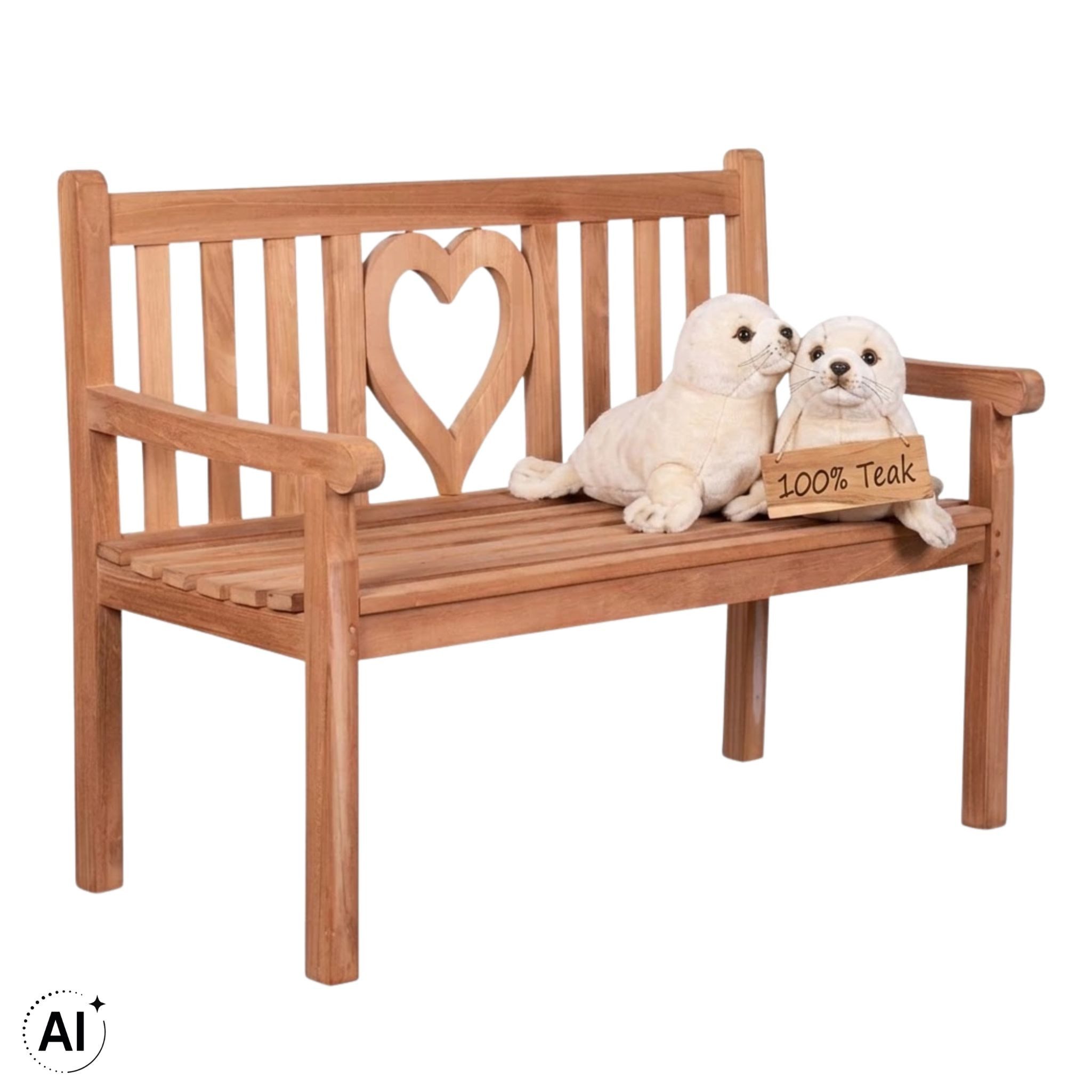 MR.DEKO Gartenbank Teak Herz 120 cm – massiv & romantisch für zwei Verliebte (2-Sitzer Bank, zerlegt geliefert, ideal für Terrasse, 1-St), Massive Sitzbank Garten und Balkon, 250 kg belastbar