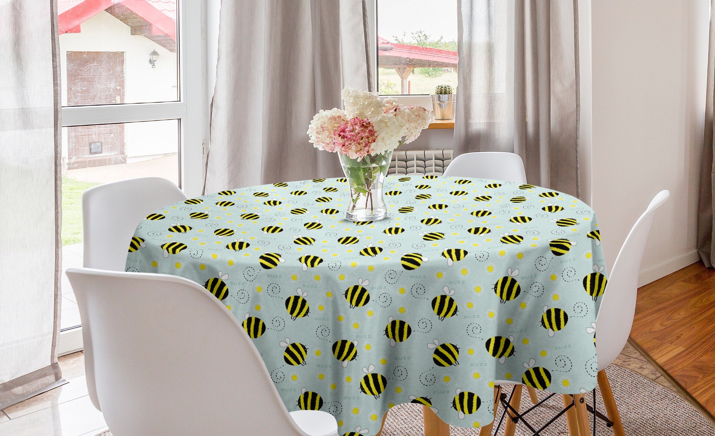 Abakuhaus Tischdecke Kreis Tischdecke Abdeckung für Esszimmer Küche Dekoration, Bienenkönigin Hand gezeichnete Blumenmotive