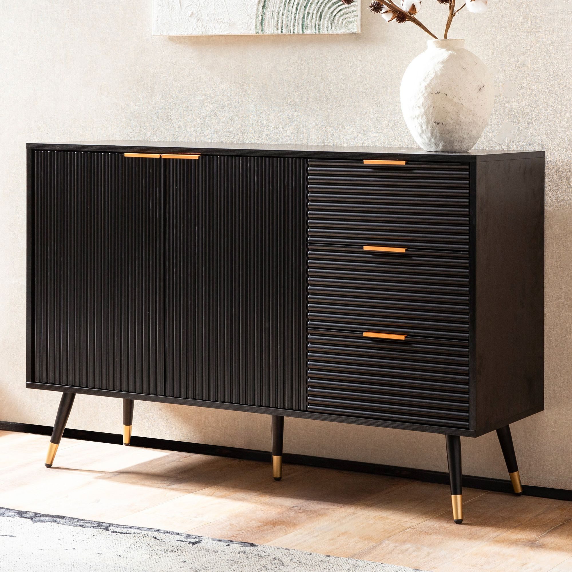 furnicato Sideboard Kommode Schwarz 120x80x40 cm mit Lamellenoptik (1 St)
