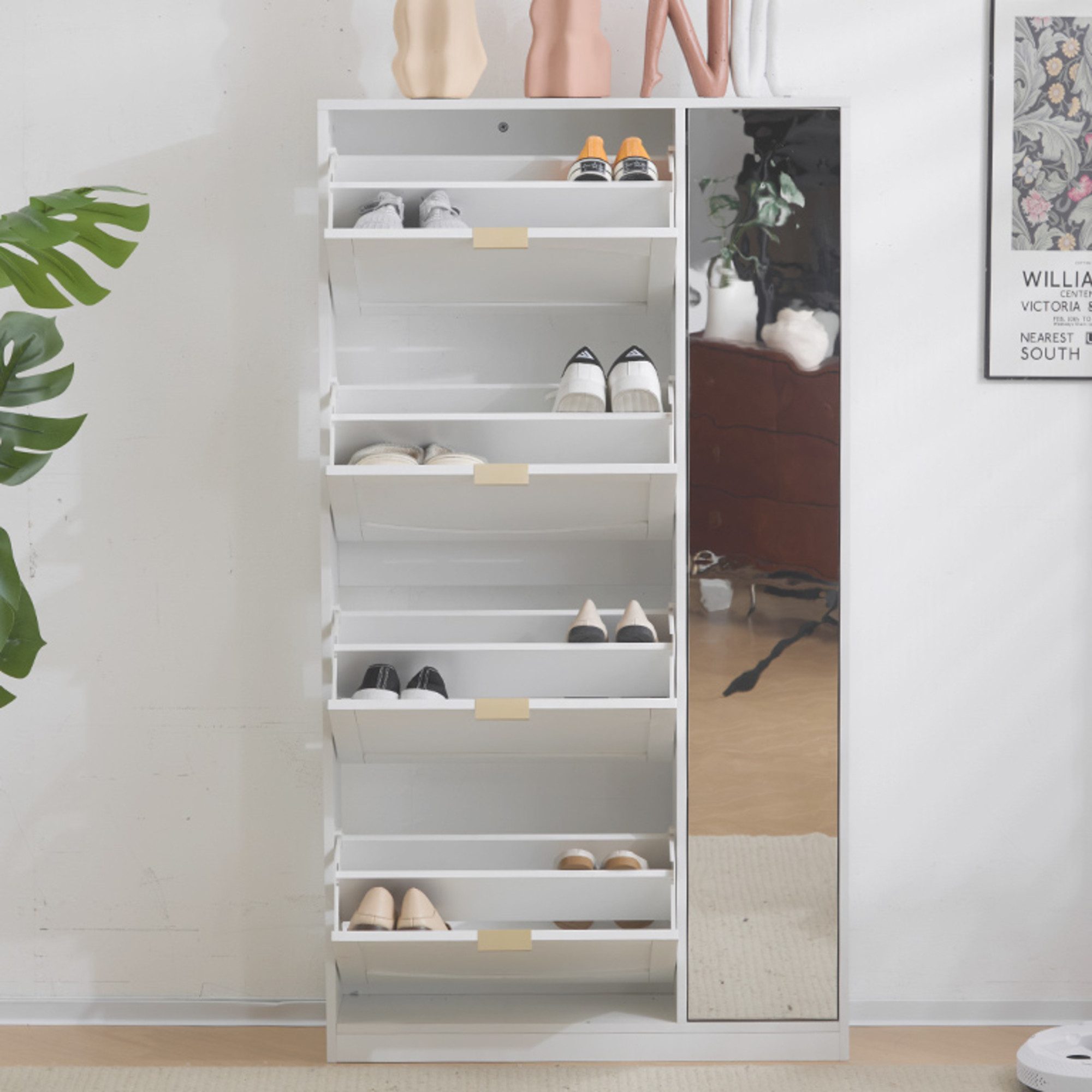Flieks Schuhschrank mit Spiegel (1-St., B80/H147/T24 cm) Schuhkommode mit 4 Klappen Schuhregal Schuhkipper weiß