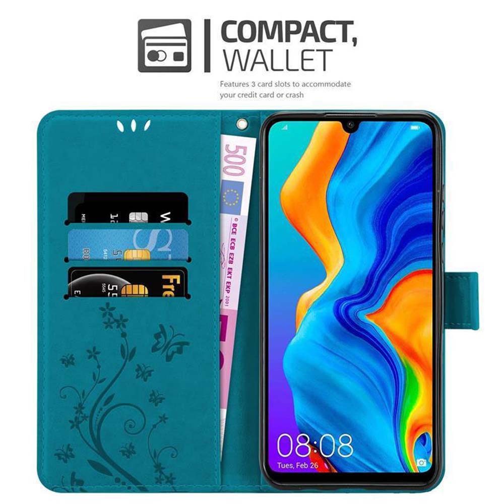 Cadorabo Handyhülle für Huawei P30 LITE Hülle Huawei P30 LITE, Hülle Schutzhülle Blumen Flower mit Standfunktion Kartenfach Magnet