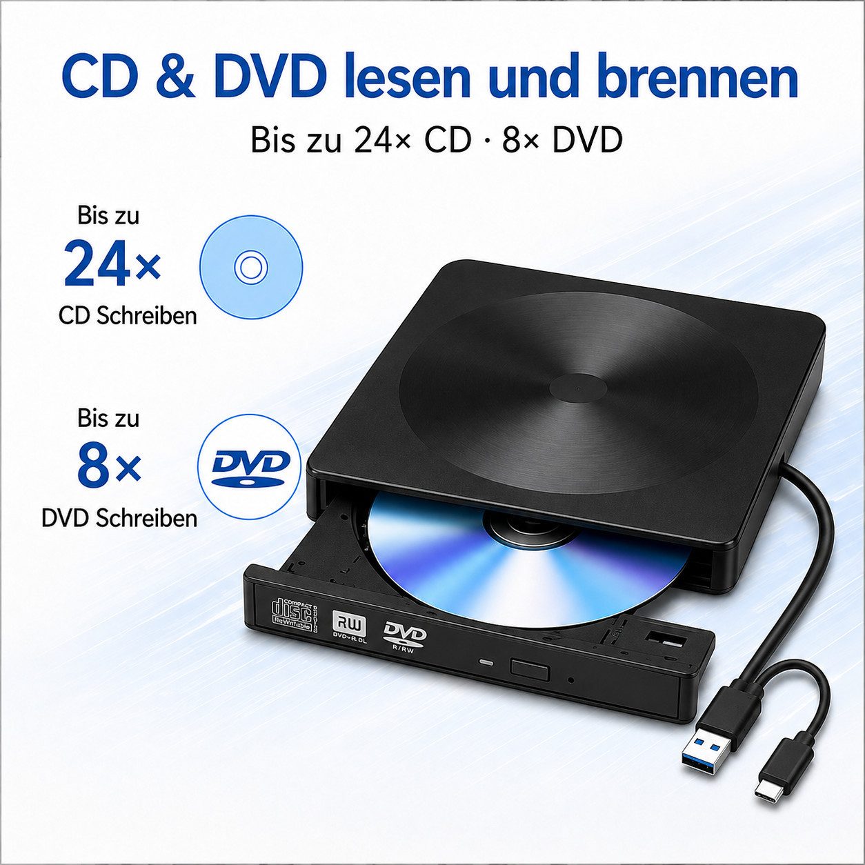 Toomoke Externes CD/DVD-Laufwerk, CD-Brenner, optisches Laufwerk, DVD-Brenner (USB-Laufwerk für Laptop, PC und Mac, kompatibel mit Windows und macOS, DVD 8x/CD  – Bild 3 von 5