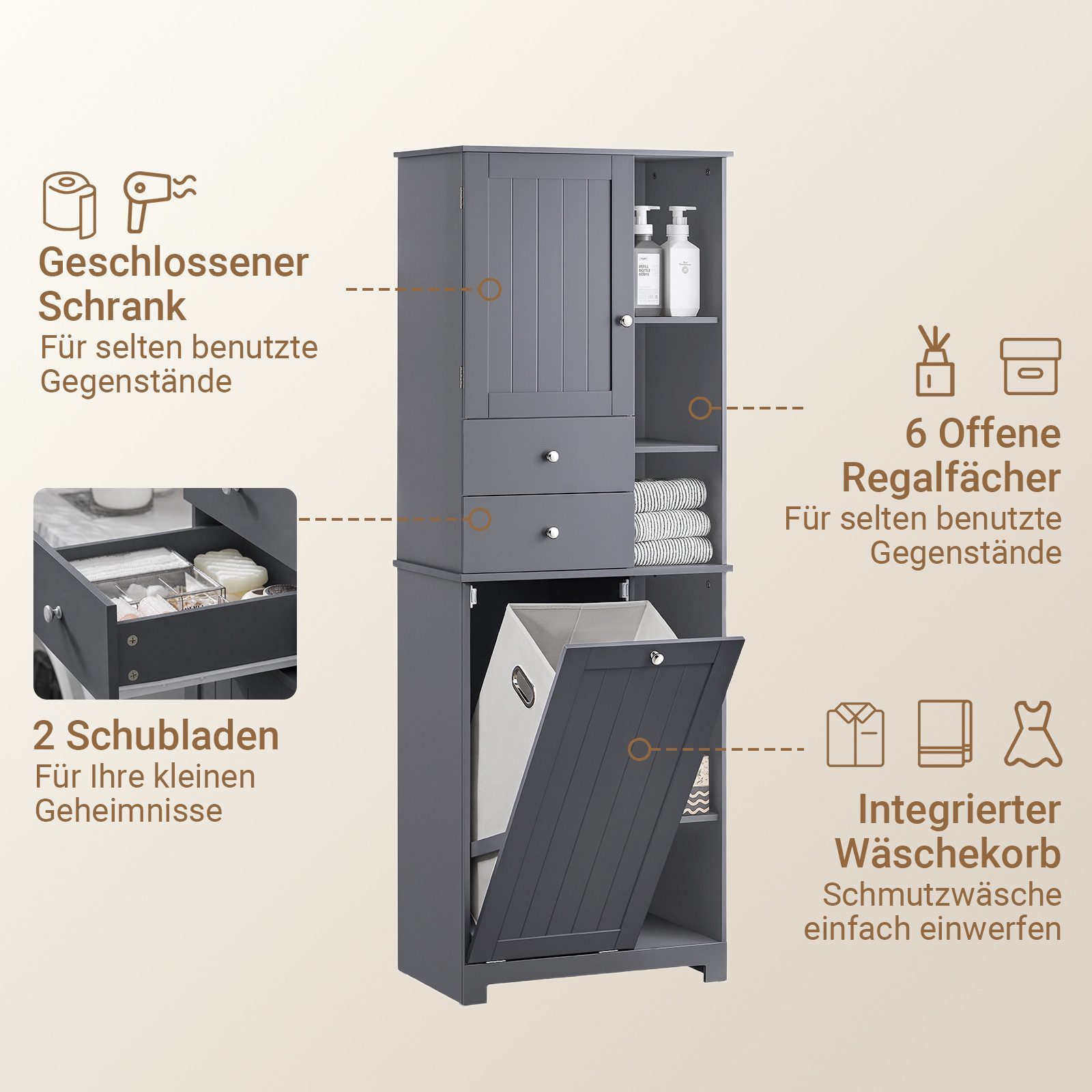 SoBuy Hochschrank BZR104, Badezimmerschrank, 4-in-1 Badkommode, Aufbewahrungsschrank Wäscheschrank, offenen Fächern, mit Wäschekorb, Schrank für Badezimmer – Bild 3 von 5