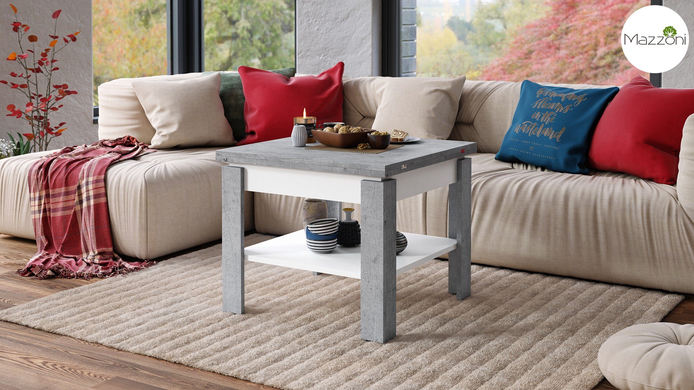 Mazzoni Couchtisch Design Tisch Leo Beton Beton Esstisch aufklappbar 65 - Weiß Weiß - / matt matt 130cm