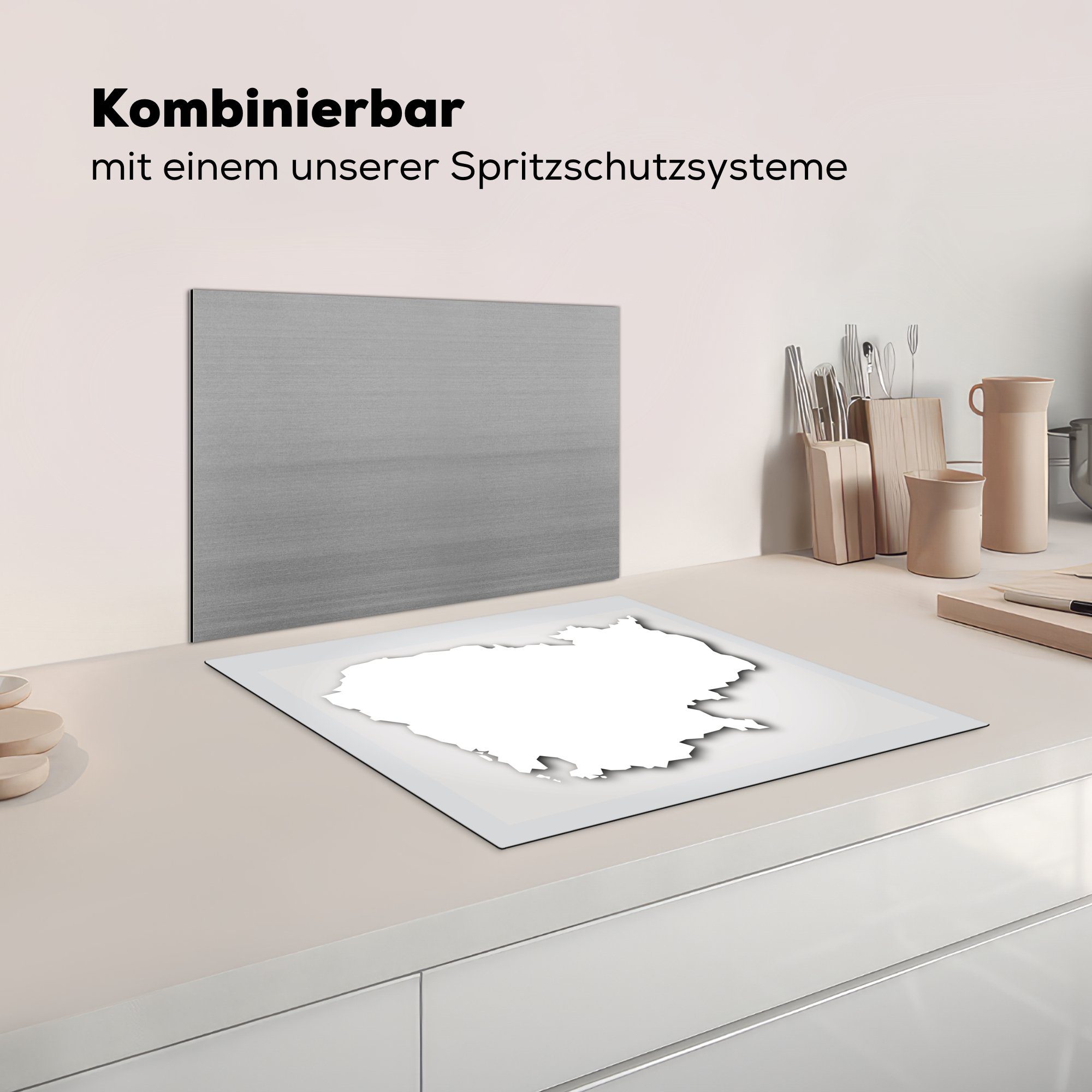 nutzbar, grauen Hintergrund, MuchoWow Kambodscha 60x52 Arbeitsfläche einem tlg), Herdblende-/Abdeckplatte Vinyl, Mobile (1 cm, von vor Schwarz-Weiß-Illustration Ceranfeldabdeckung