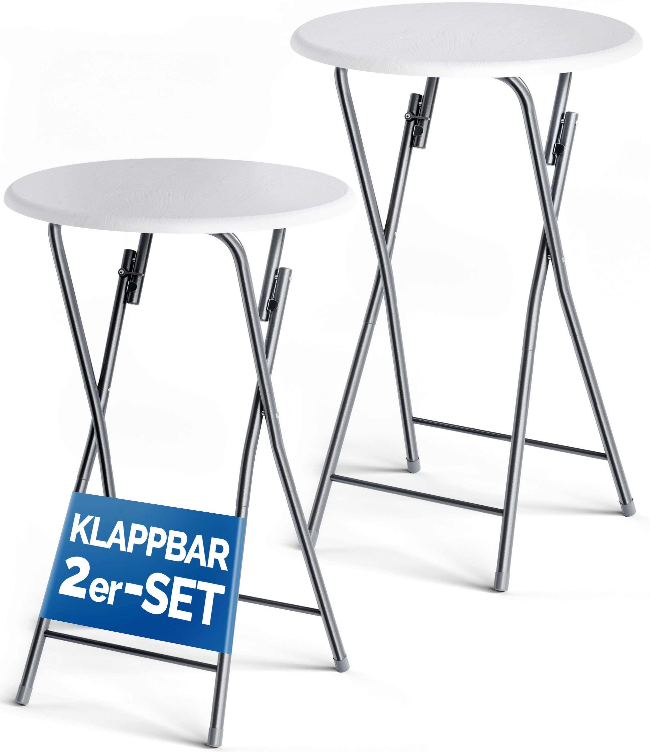 Casaria Stehtisch, 2er Set Klappbar Wetterfest Höhe 110cm Ø 60cm Holz Weiß Klapptisch