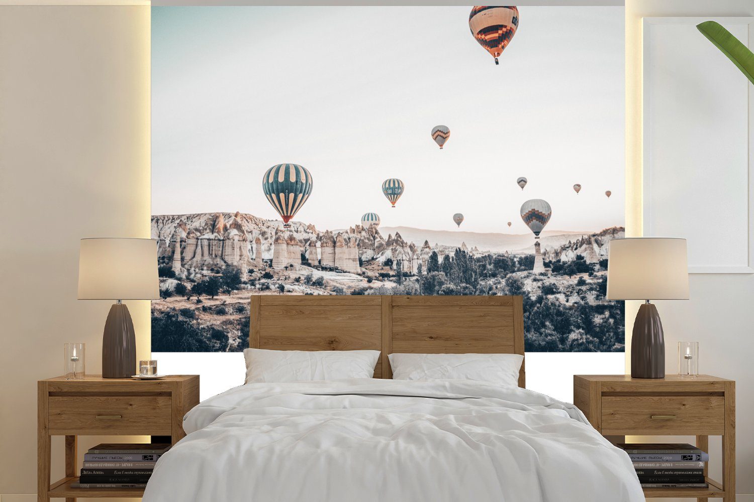 MuchoWow Fototapete Türkei - Heißluftballon - Bäume, Matt, bedruckt, (5 St), Vinyl Tapete für Wohnzimmer oder Schlafzimmer, Wandtapete