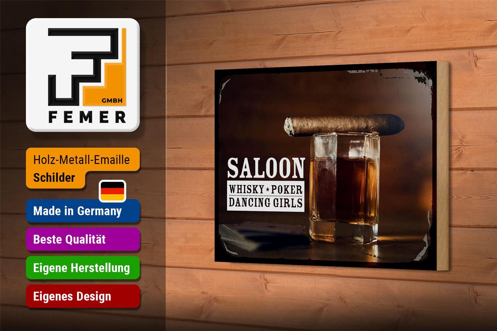 Femer GmbH Holzbild Spruch Saloon Whisky Poker Dancing Girls 18x12 cm, Camping Sport Hobby Freizeit, Sprüche Zitate Lustiges (1 St), Glatte Holzfaserplatte (MDF), vorn beschichtet