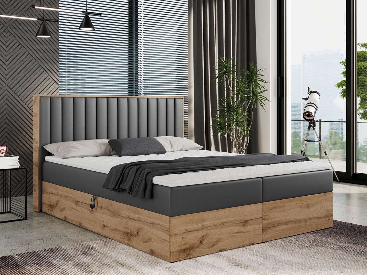 MKS MÖBEL Boxspringbett ALBERO 4, mit Bettkasten, Doppelbett mit Kopfstütze, Eiche Holzrahmen, Matratze