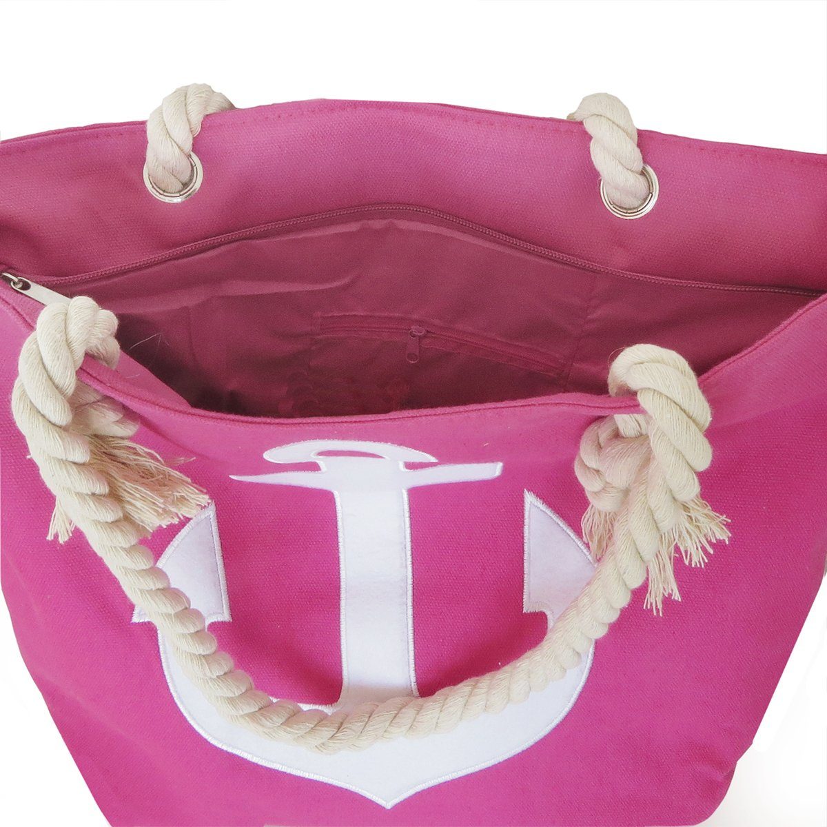 Sonia pink, Originelli Reißverschluss mit Umhängetasche maritim kleine Innentasche Shopper Strandtasche Anker bestickt Seilkordel