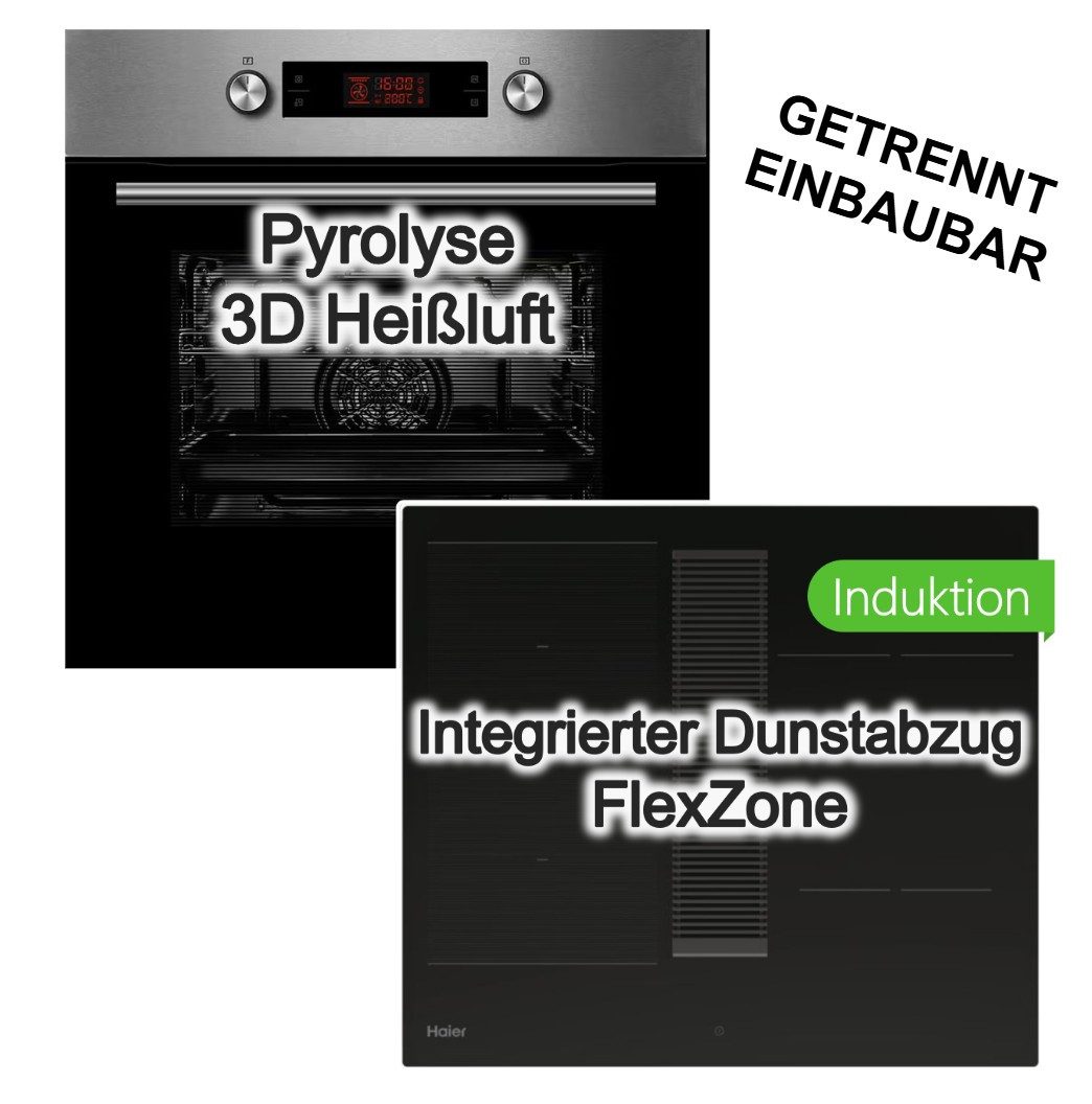 Midea Backofen-Set Backofen Pyrolyse + Haier Induktionskochfeld integrierter Dunstabzug, mit 1-fach Teilauszug, Pyrolyse-Selbstreinigung