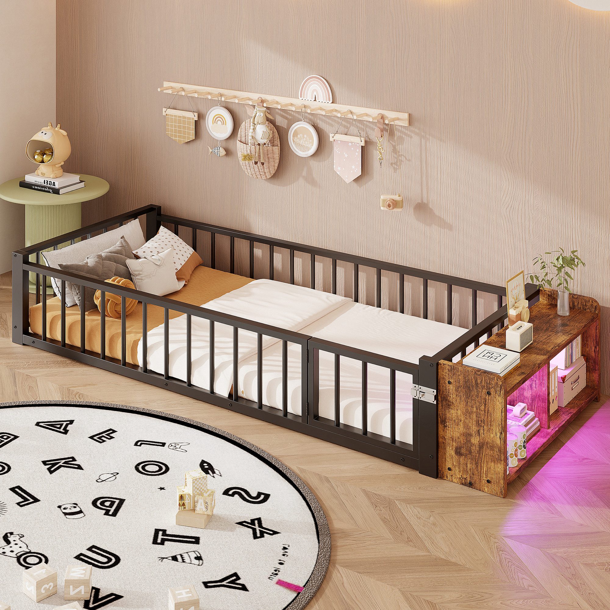 Merax Kinderbett mit LED-Beleuchtung, Metallbett, Bodenbett (1-tlg), Flachbett 90x200cm mit Schutzgeländer,offenem Ablagefach,Bettgestell